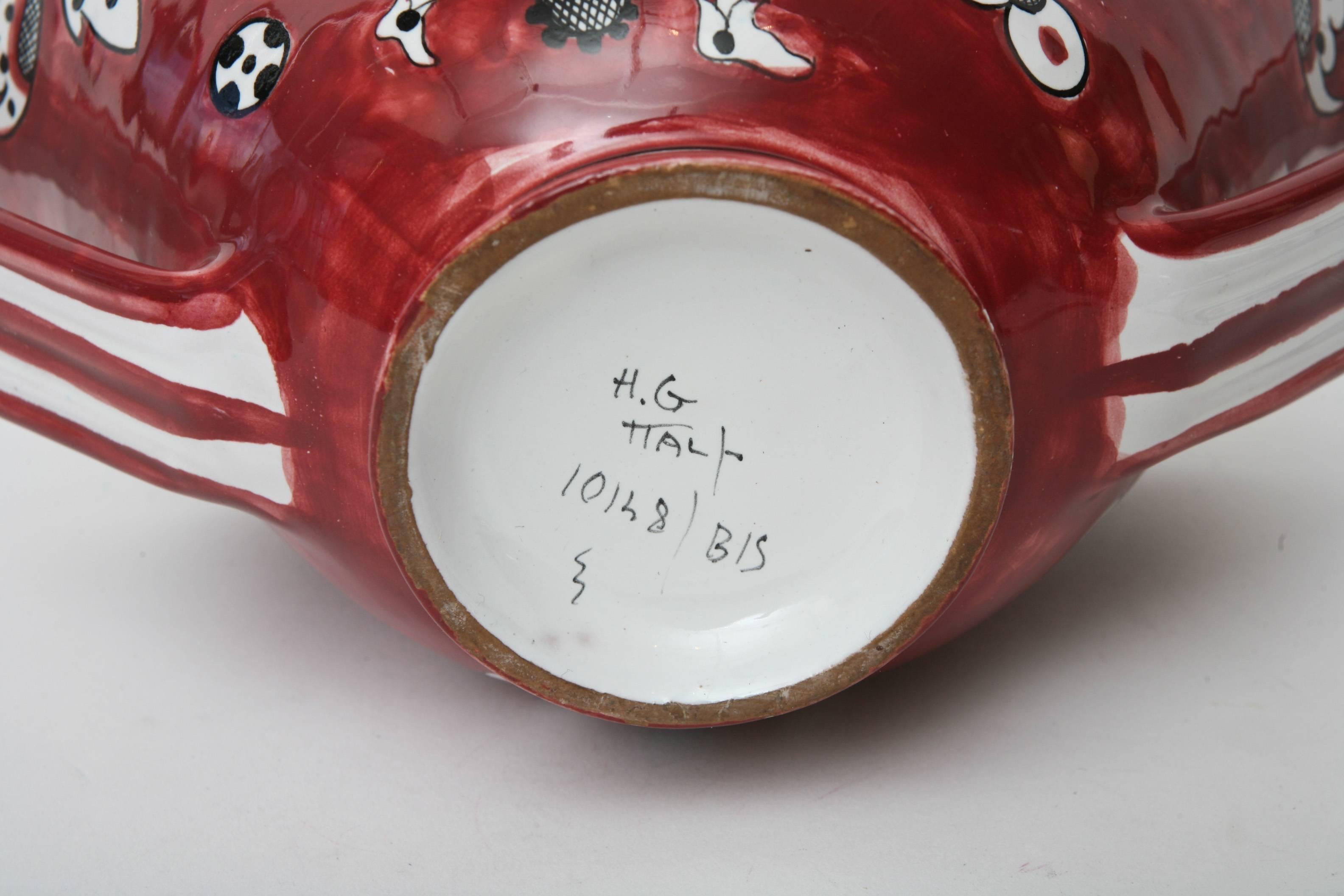 Signed Italian Glazed Red, White, Black Ceramic Jester And Birds, Bowl or Vessel For Sale 4