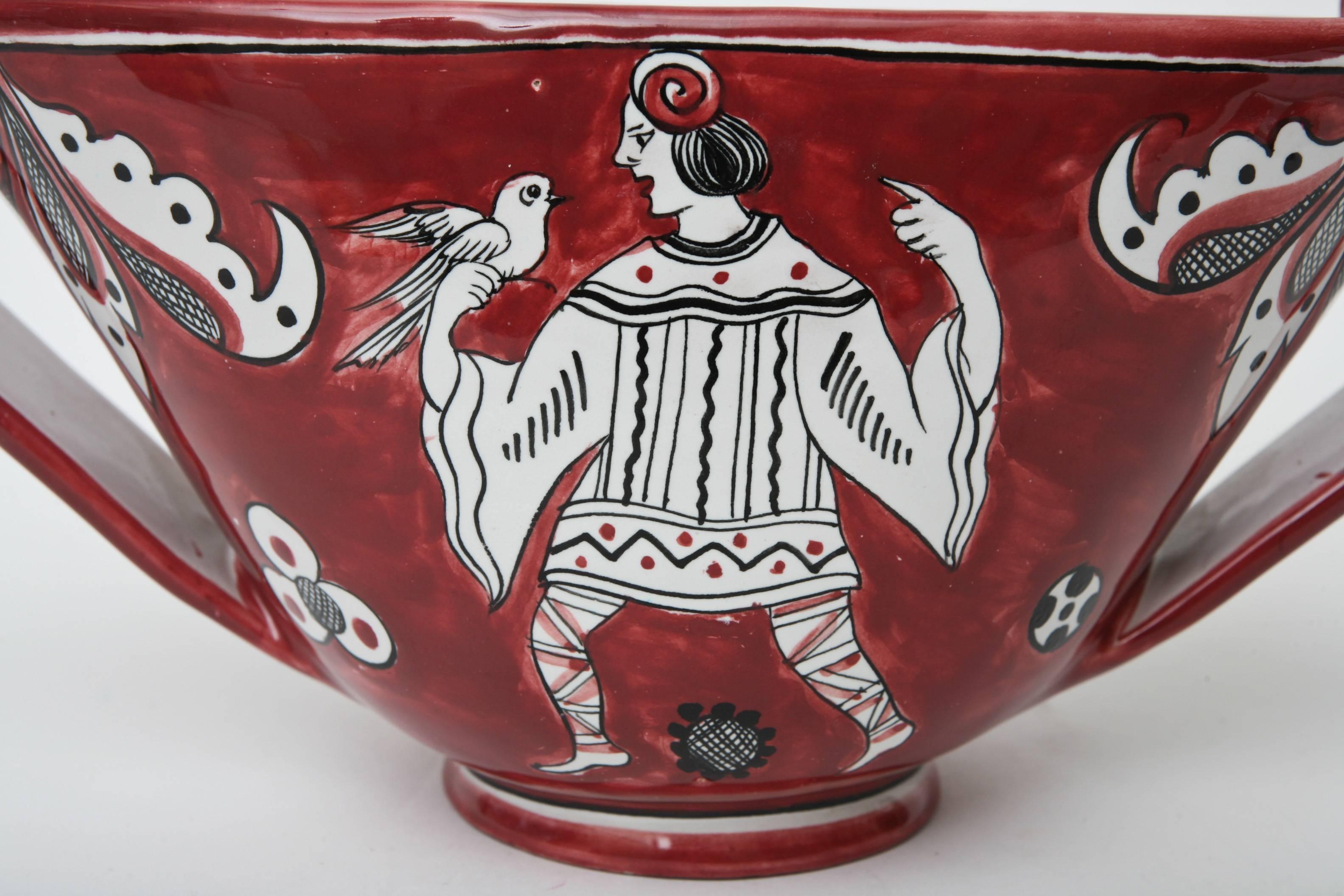 Mid-Century Modern Signed Italian Glazed Red, White, Black Ceramic Jester And Birds, Bowl or Vessel For Sale