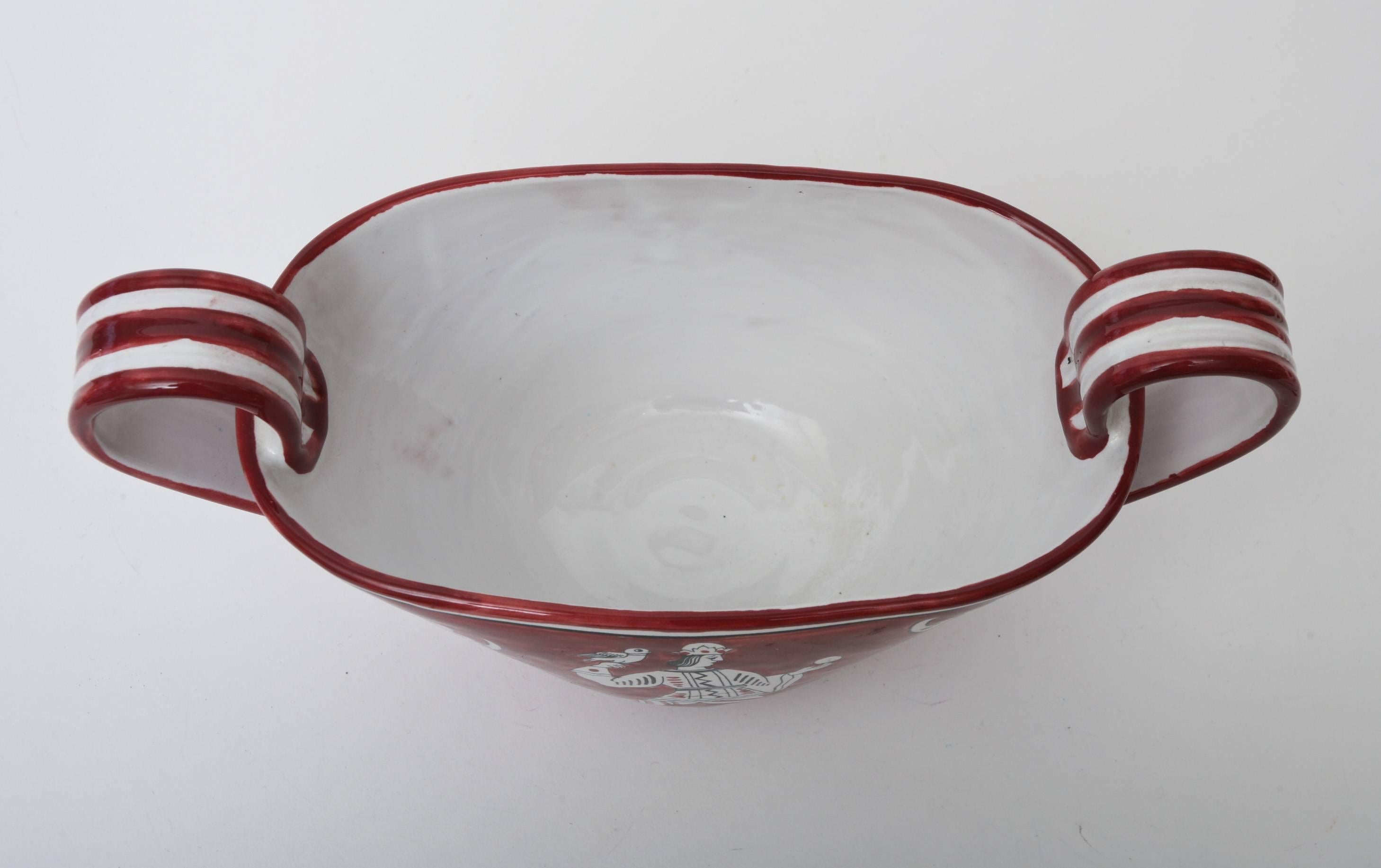Signed Italian Glazed Red, White, Black Ceramic Jester And Birds, Bowl or Vessel In Good Condition For Sale In North Miami, FL