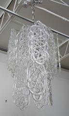 Vintage Mazzega Murano Chandelier With White Glass Spun Pendants, 1970's Italy