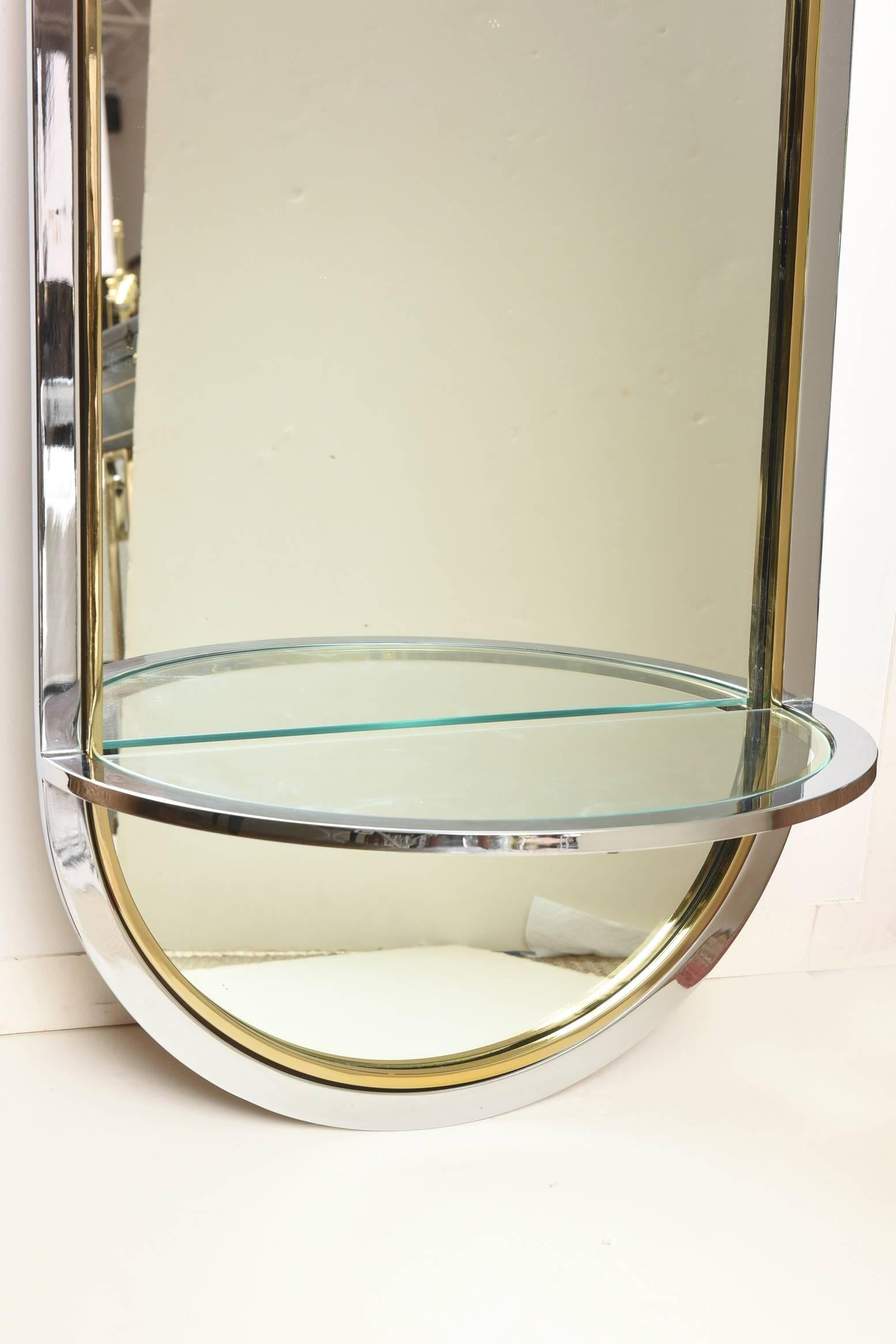 Italian Pace Chrome and Brass Racetrack Wall Mirror with Glass Shelf Restored Vintage For Sale