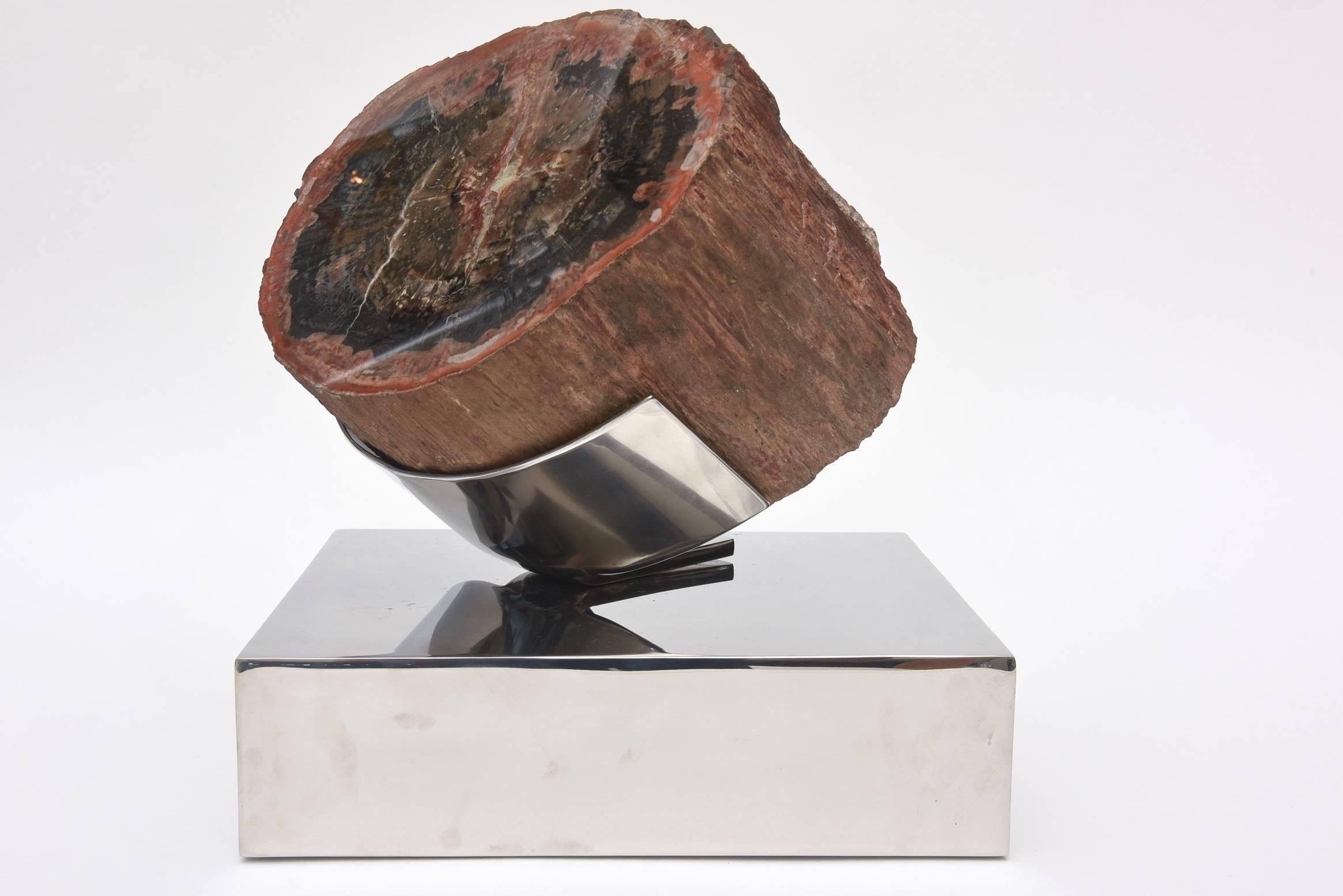 This gorgeous hunk of petrified wood from Arizona dates back to 180 million years old. It is from a Madison Ave gallery no longer existing and belonged to an important art and antique collector from Latin America. The stunning custom stainless steel
