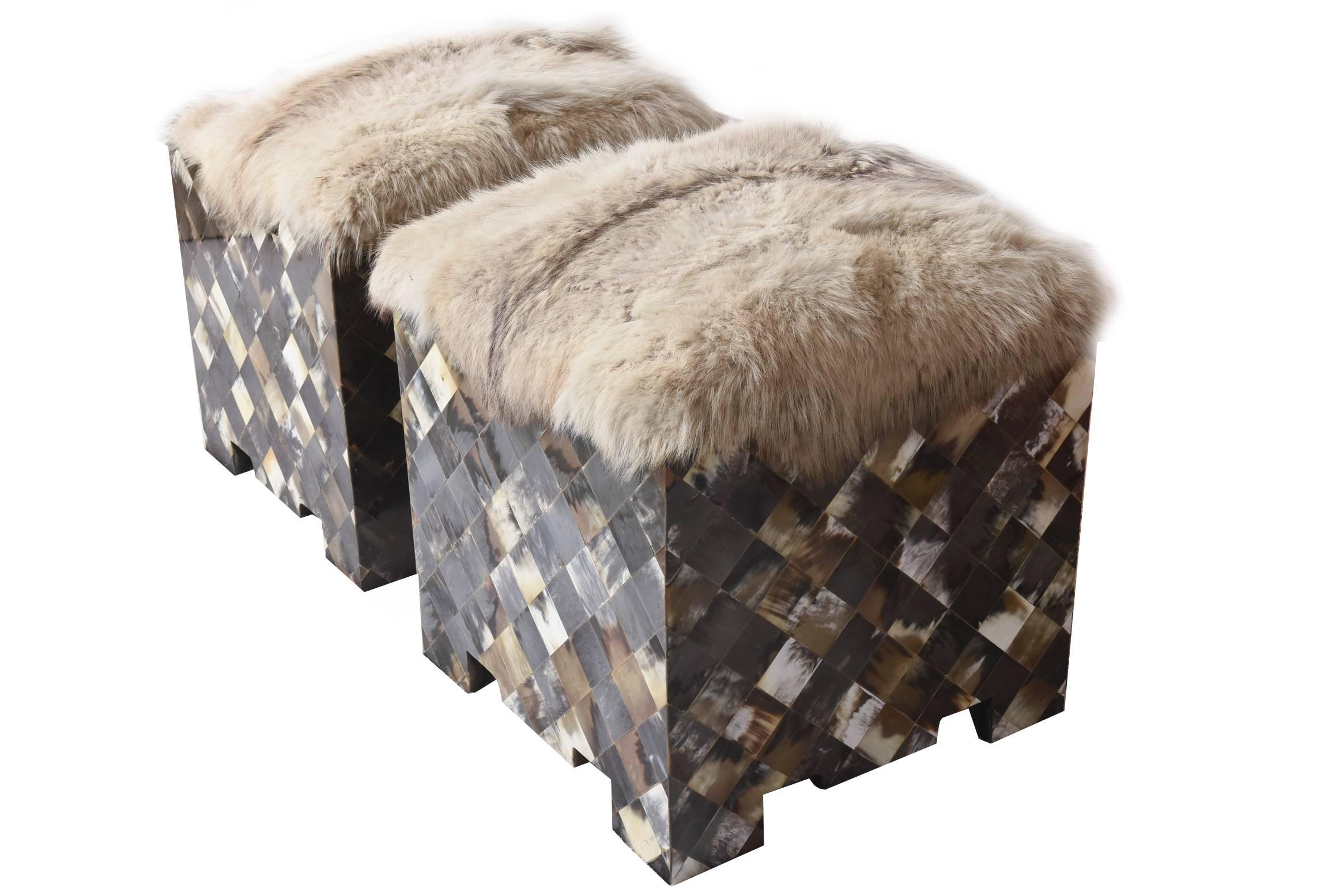 Modern Pair of Diamond Patterned Horn and Fur Topped Benches or Ottomans