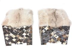 Pair of Diamond Patterned Horn and Fur Topped Benches or Ottomans