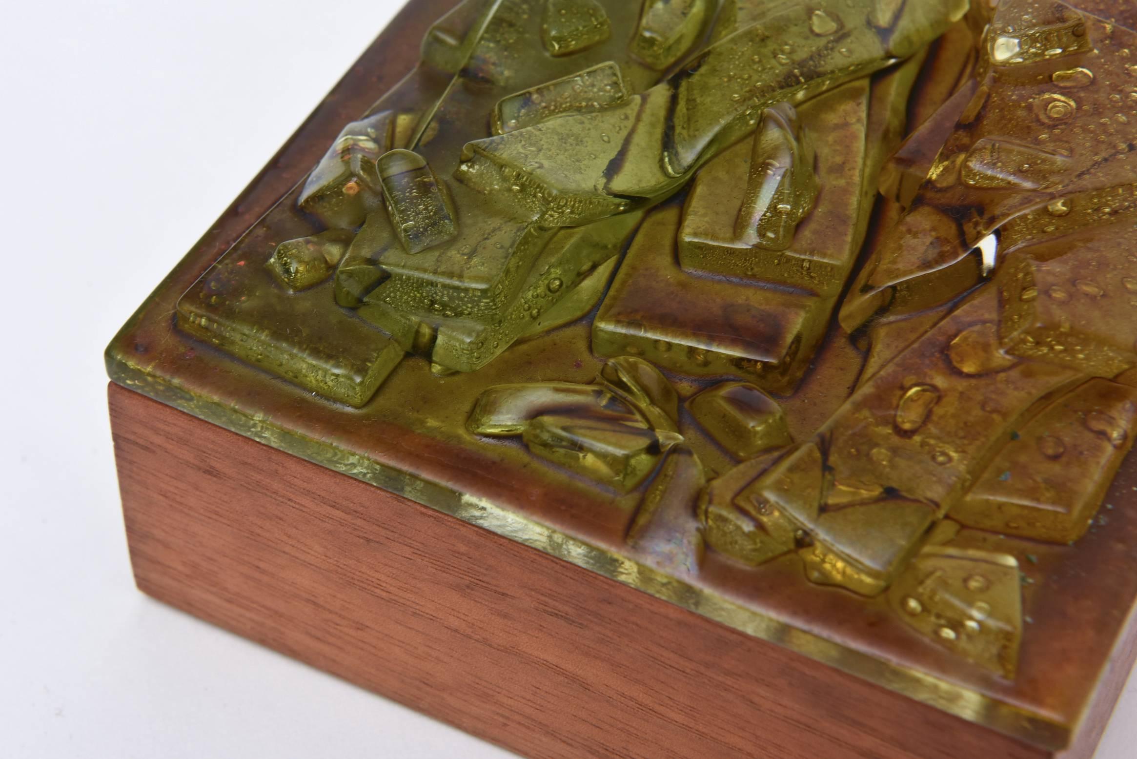 Mid-Century Modern  Robert Brown Wood and Fused Glass Green, Brown Higgins Style Box Vintage