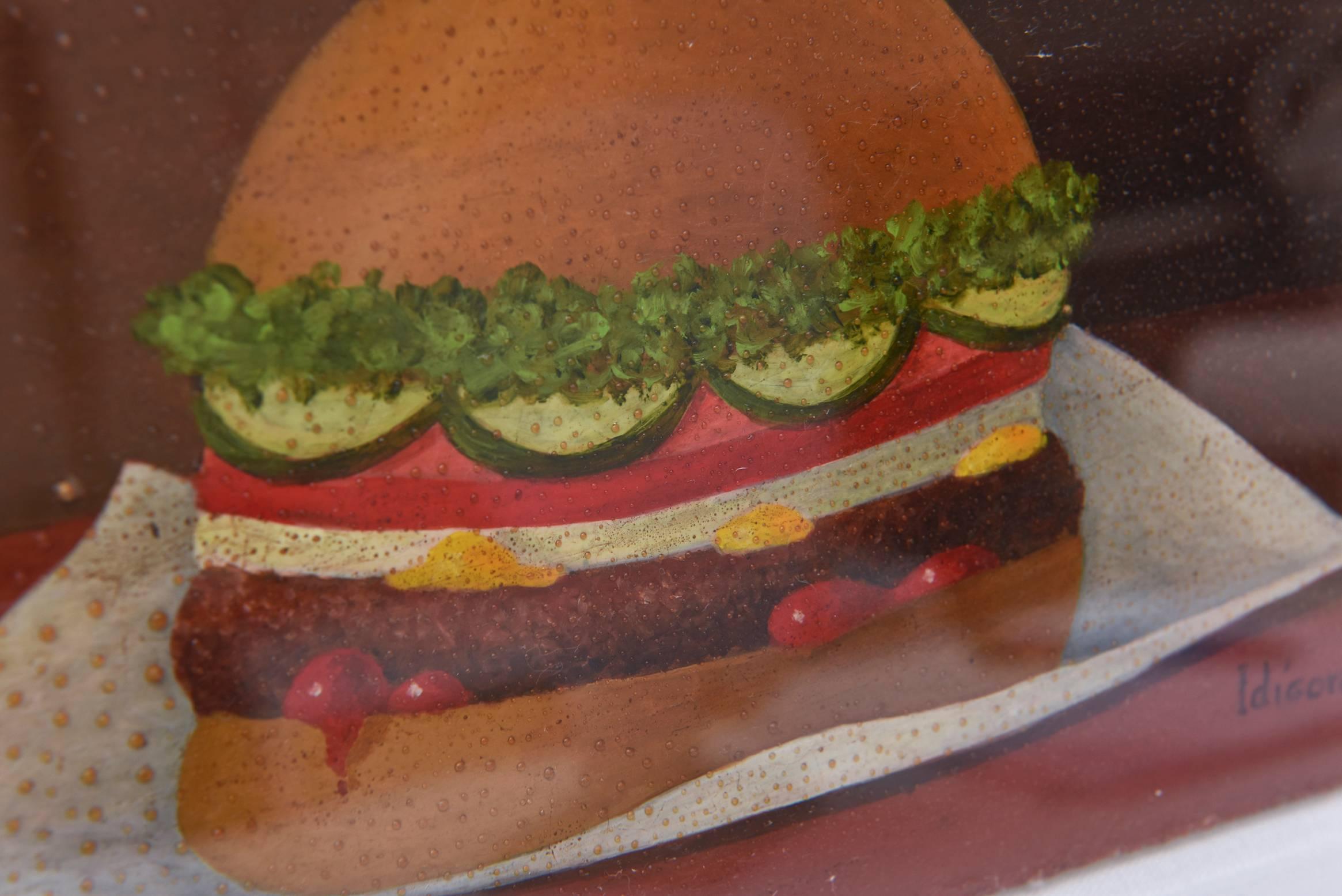 Mid-Century Modern Signed Oil on Board Vintage Surrealist Style Hamburger Painting Custom Framed