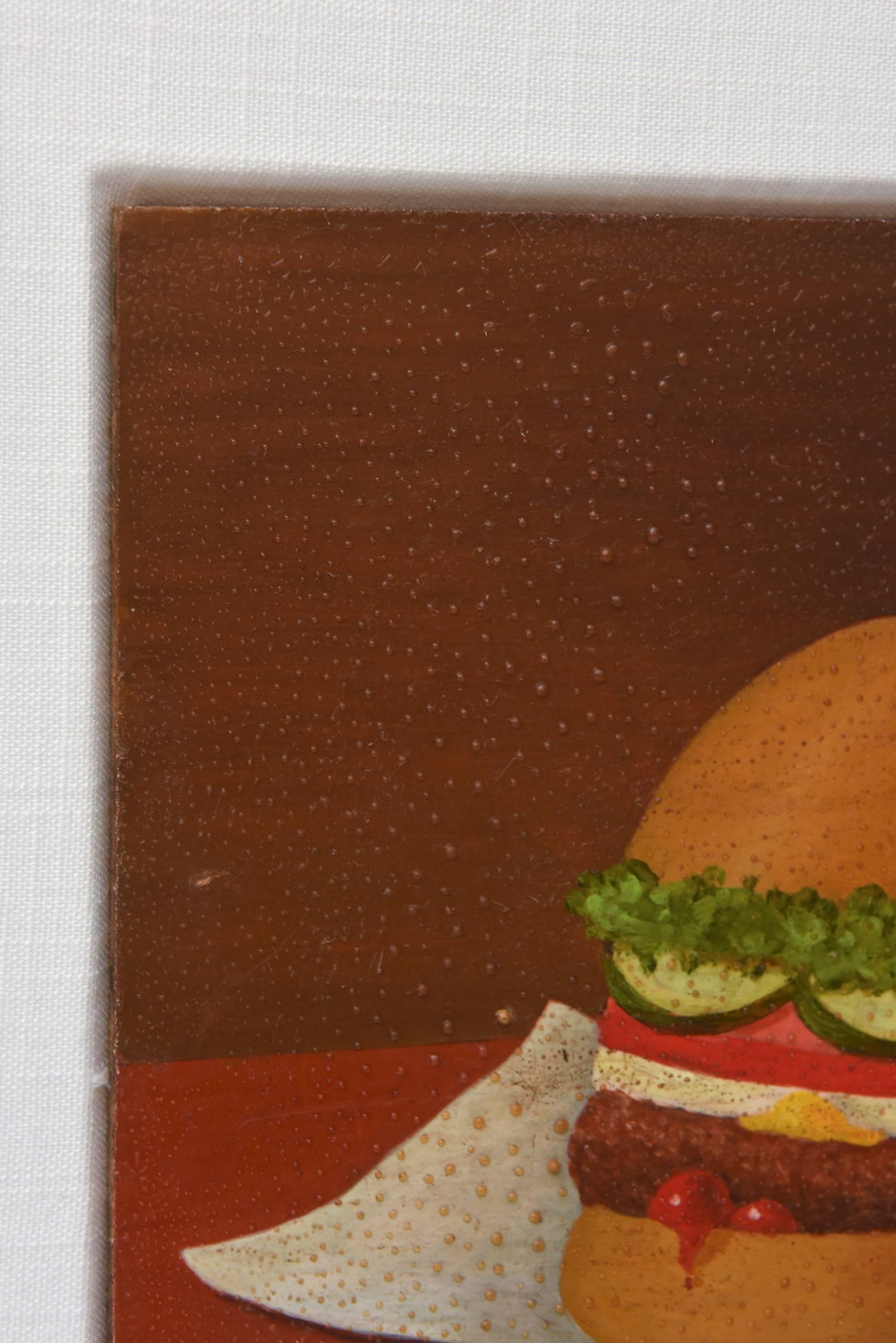 American Signed Oil on Board Vintage Surrealist Style Hamburger Painting Custom Framed