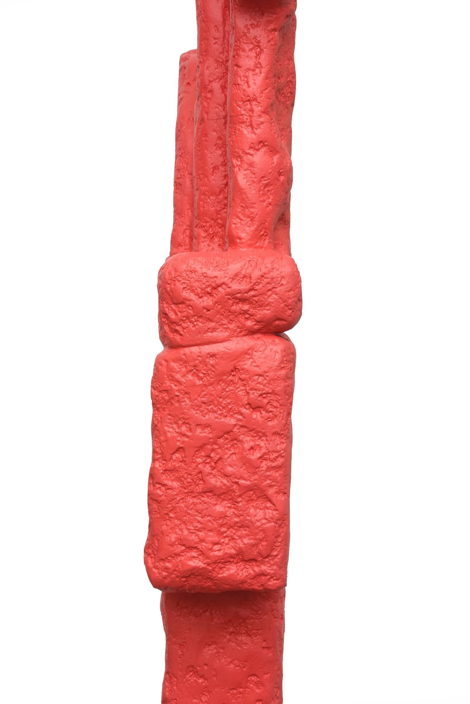 Plaster of Paris and Resin Red Abstract Totem Floor Indoor Sculpture In Good Condition For Sale In North Miami, FL