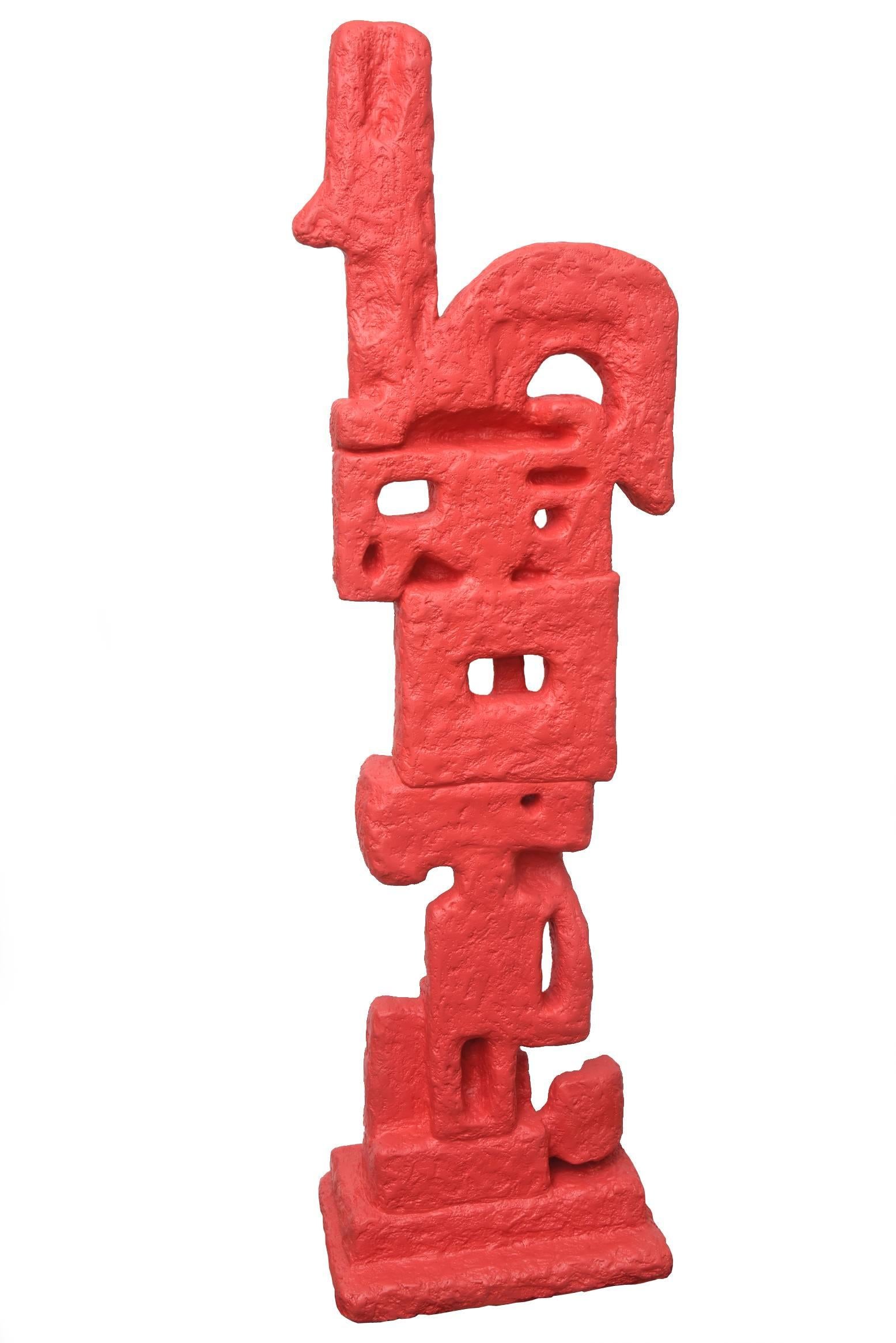 This monumental and arresting abstract tall life-size floor sculpture is a mixed-media of plaster of pairs over molded fiberglass with red rub paint. It rotates and pivots from side to side from the bottom. It is not signed but one of a kind and