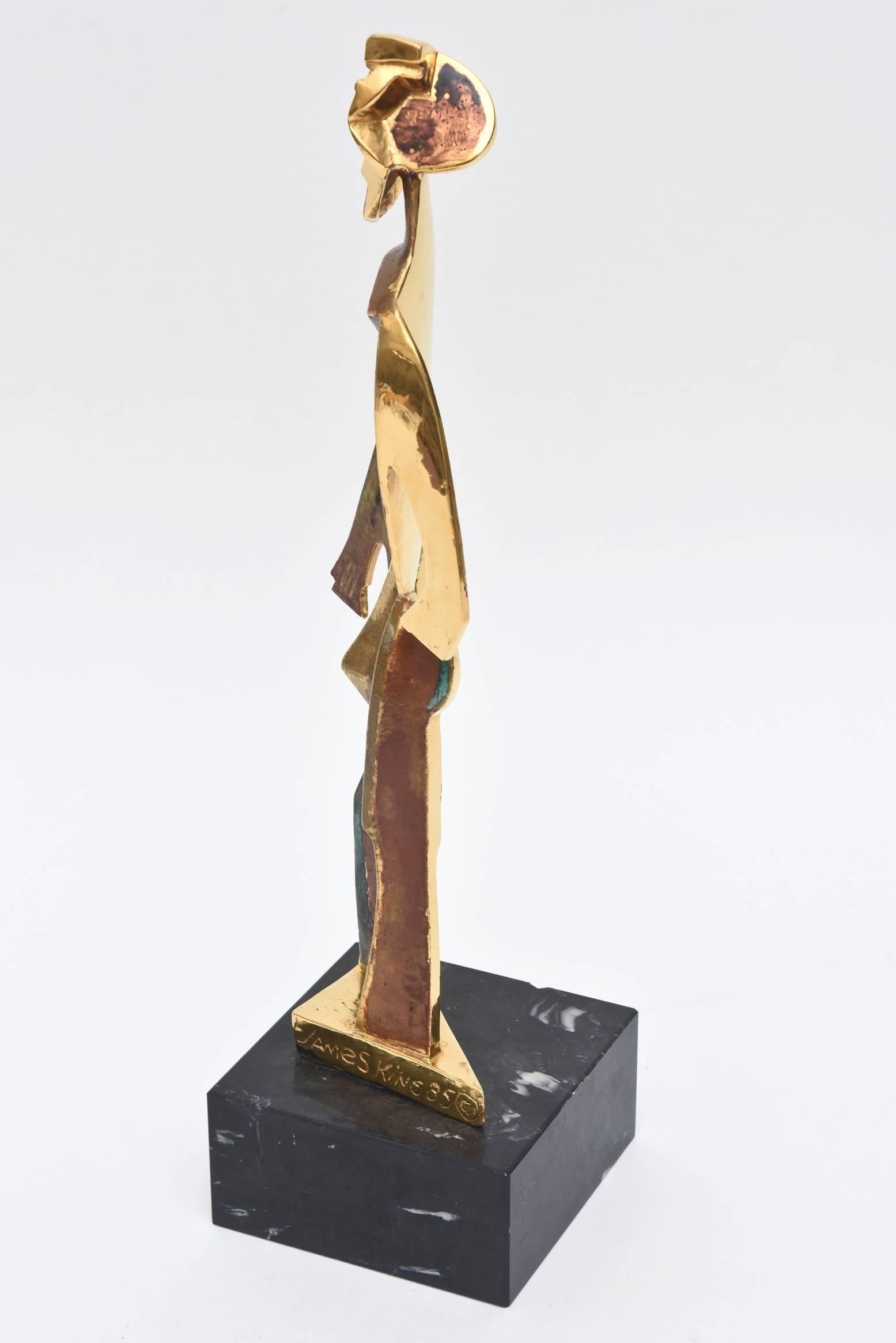 Signed James King Gold Plated Metal Cubist Sculpture on Marble Base 2