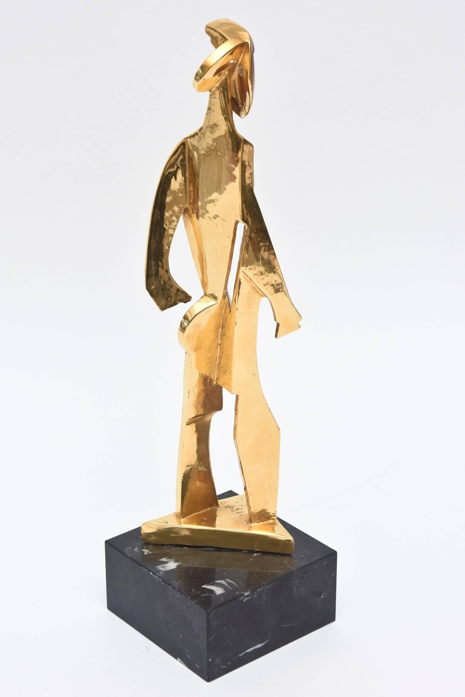 Art Deco Signed James King Gold Plated Metal Cubist Sculpture on Marble Base
