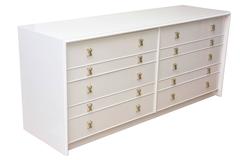 Mid-Century Modern White Lacquered and Iconic X Brass Pulls Paul Frankl Dresser
