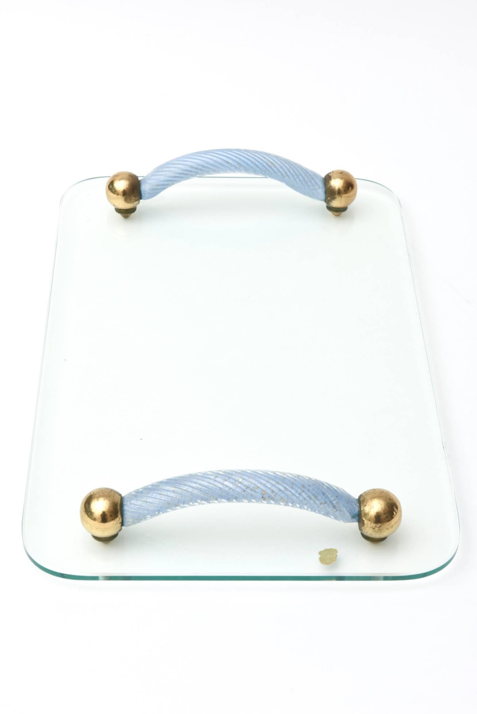 Mid-20th Century Italian Murano Glass and Brass Tray/ Serving Tray
