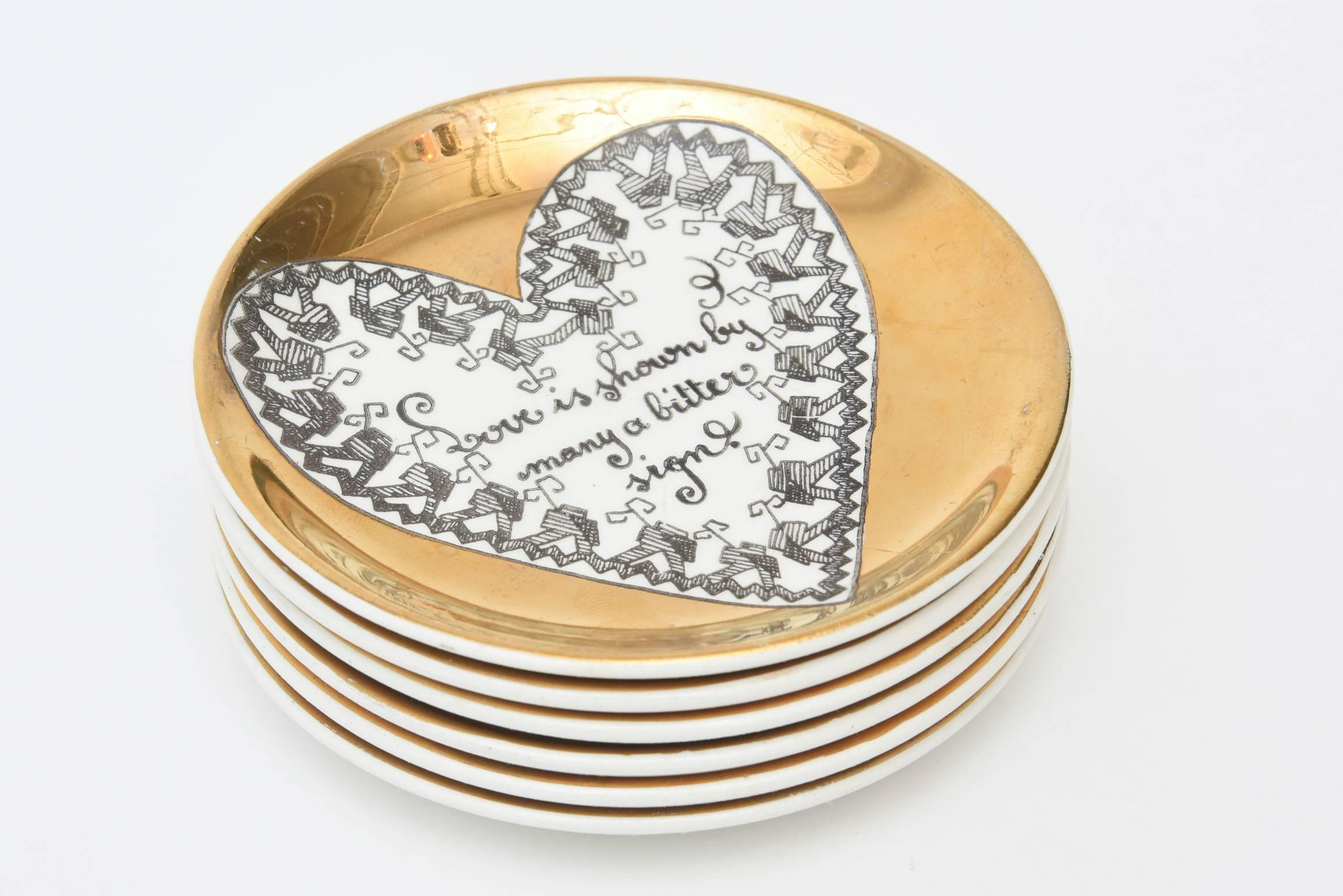 Gold  Six Italian Piero Fornasetti Gilded Porcelain Love Heart Coasters/Barware 