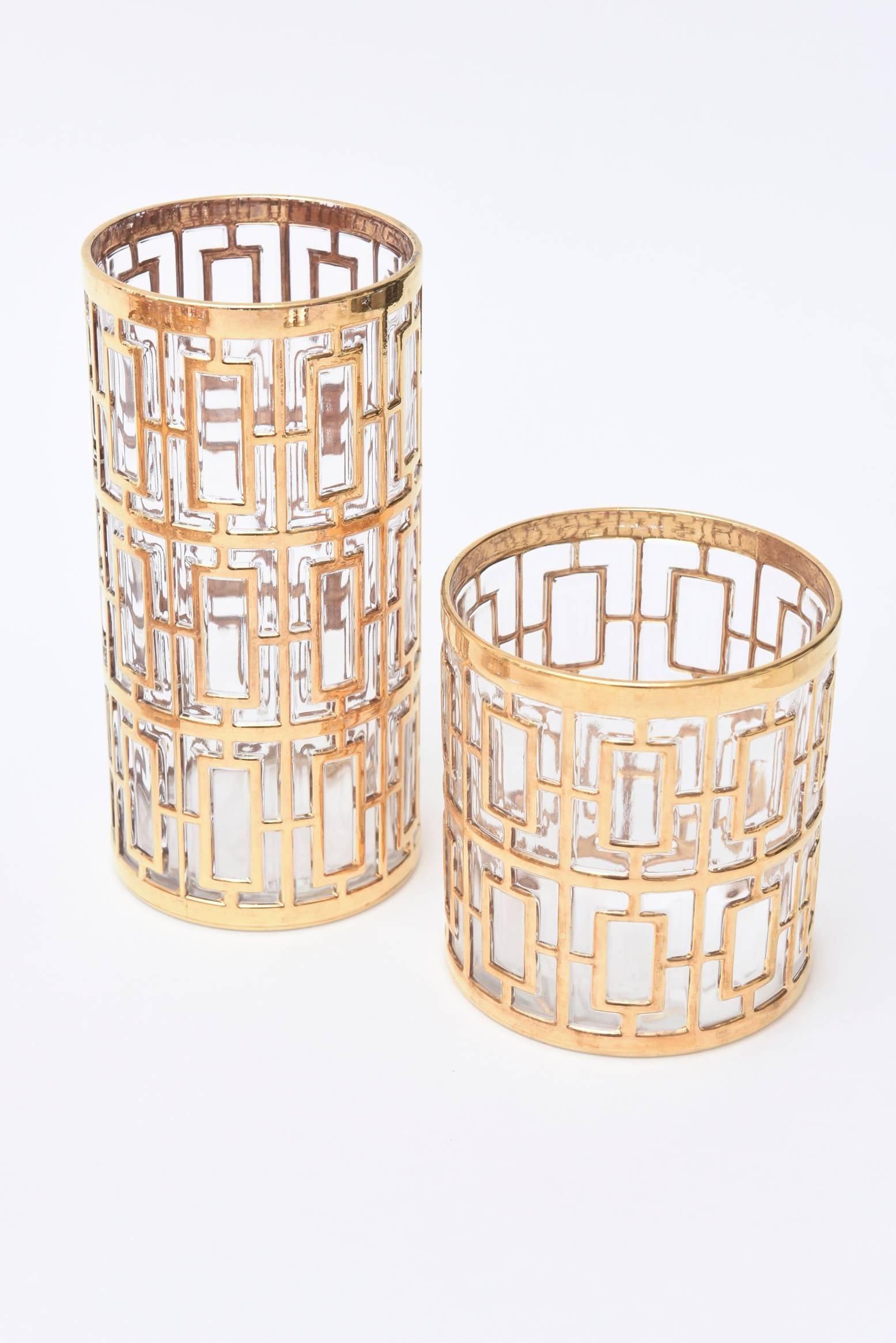 25 Piece Collection of Gold-Plated over Glass Shoji Screen/Greek Key Barware In Excellent Condition In North Miami, FL