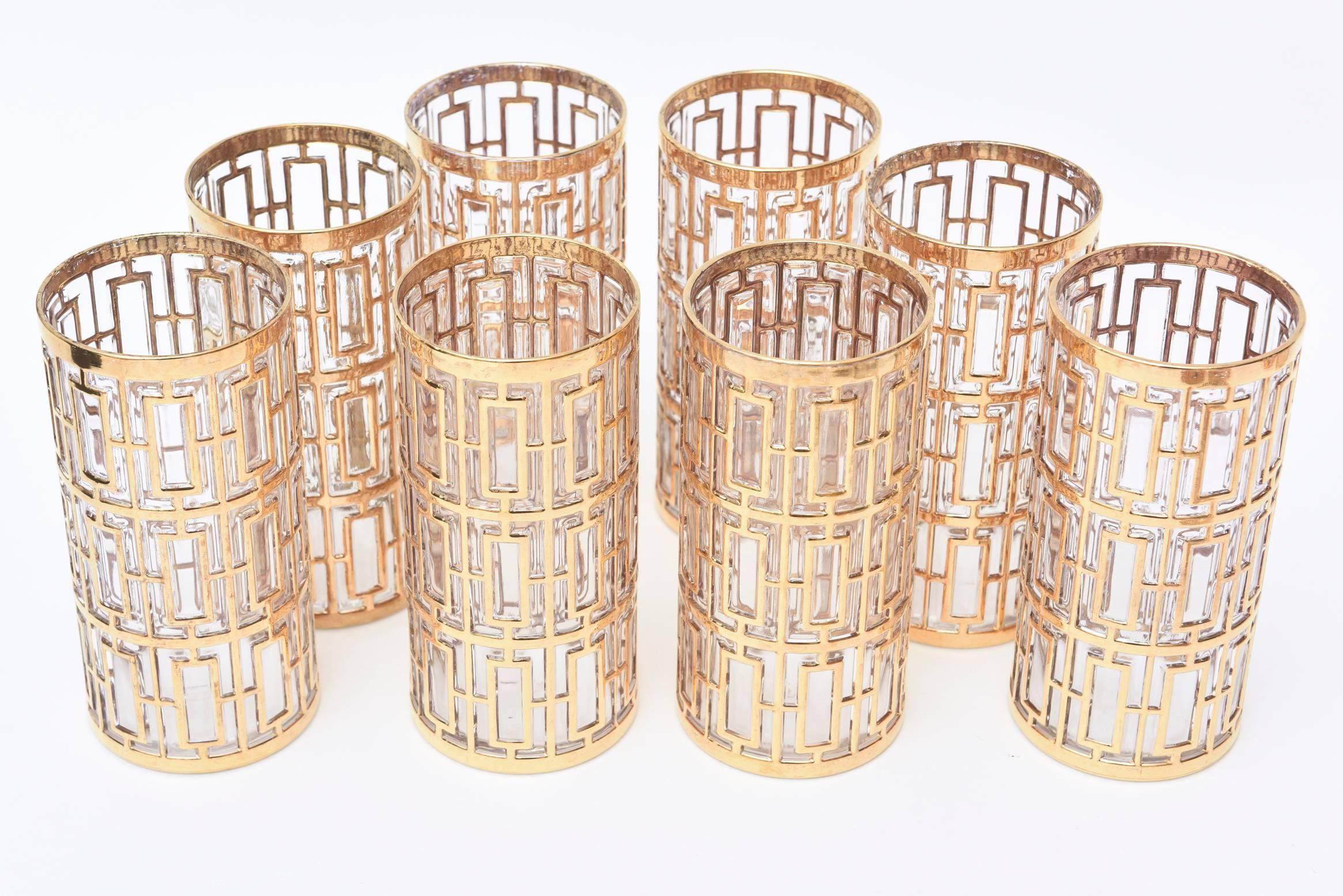 Mid-Century Modern 25 Piece Collection of Gold-Plated over Glass Shoji Screen/Greek Key Barware