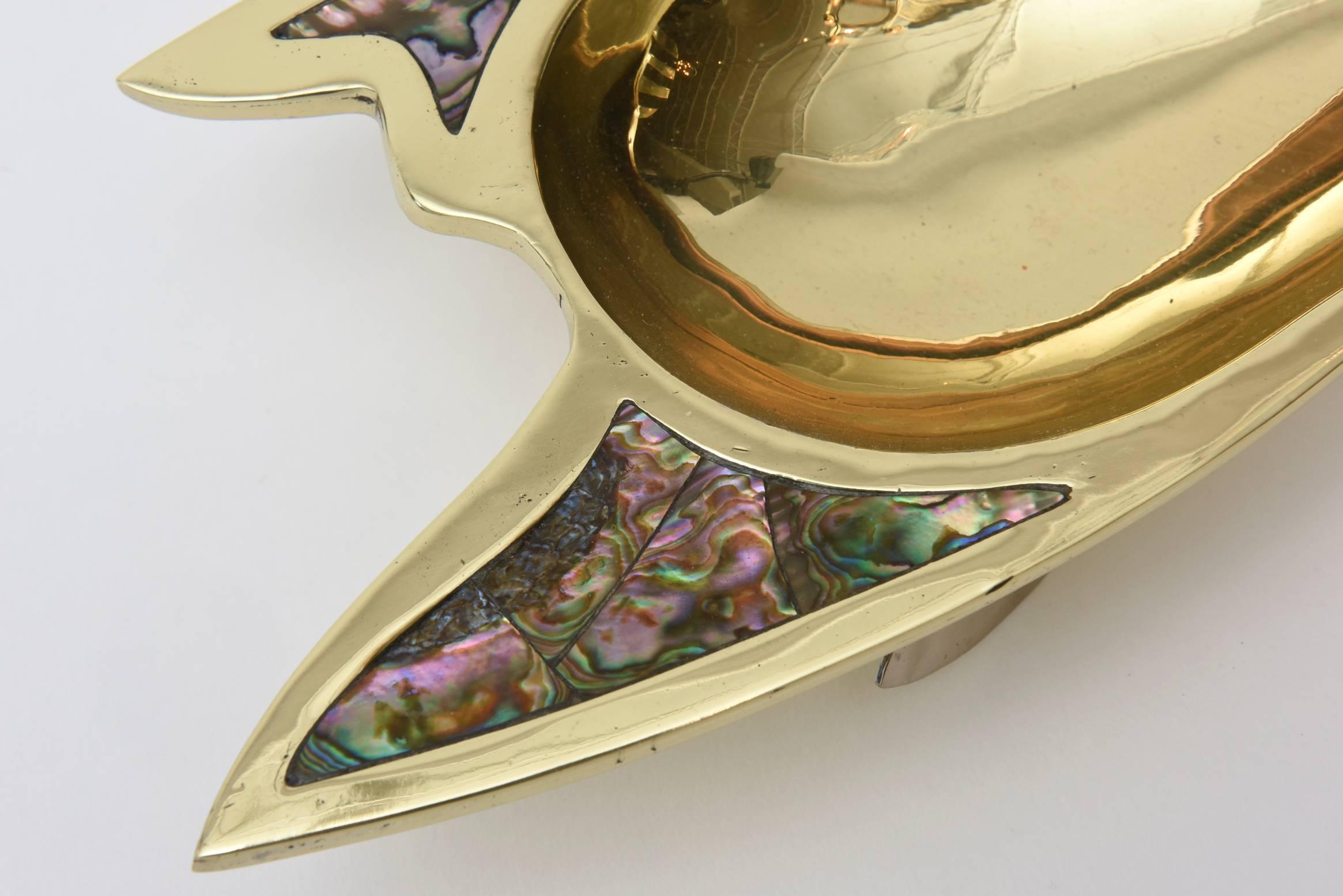 Brass and Silver Plate and Abalone Sculptural Bowl For Sale 2