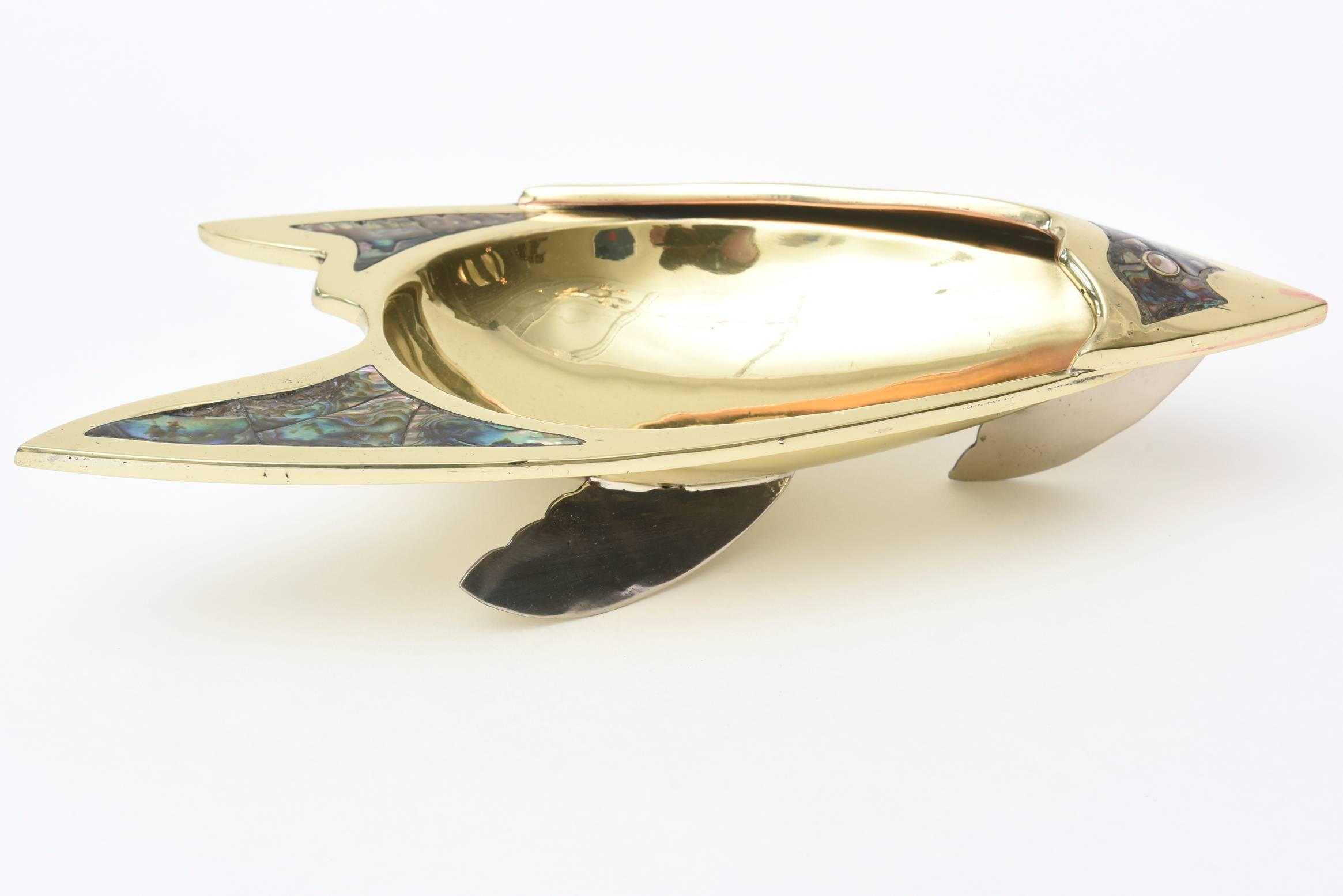 Mexican Brass and Silver Plate and Abalone Sculptural Bowl For Sale