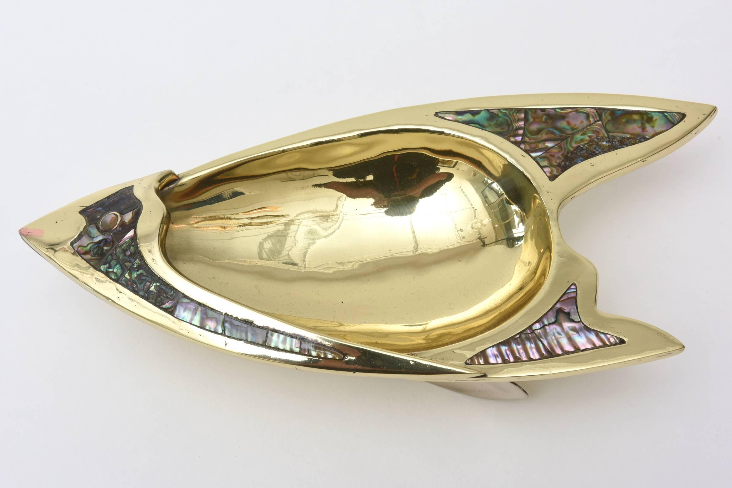 This mixed media mid century modern Mexican bowl of polished silver plate, brass and abalone is hallmarked on the bottom 