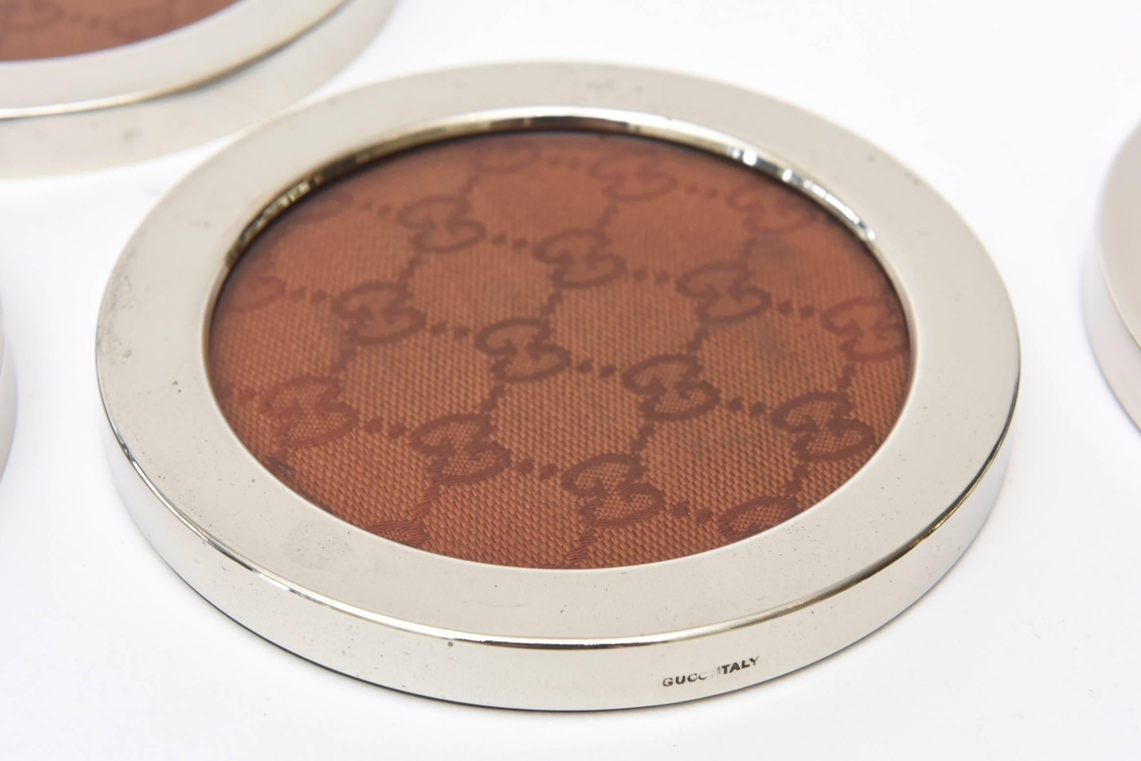 Mid-Century Modern Set of Eight Italian Gucci Signed Chrome, Fabric and Glass Coasters or Barware