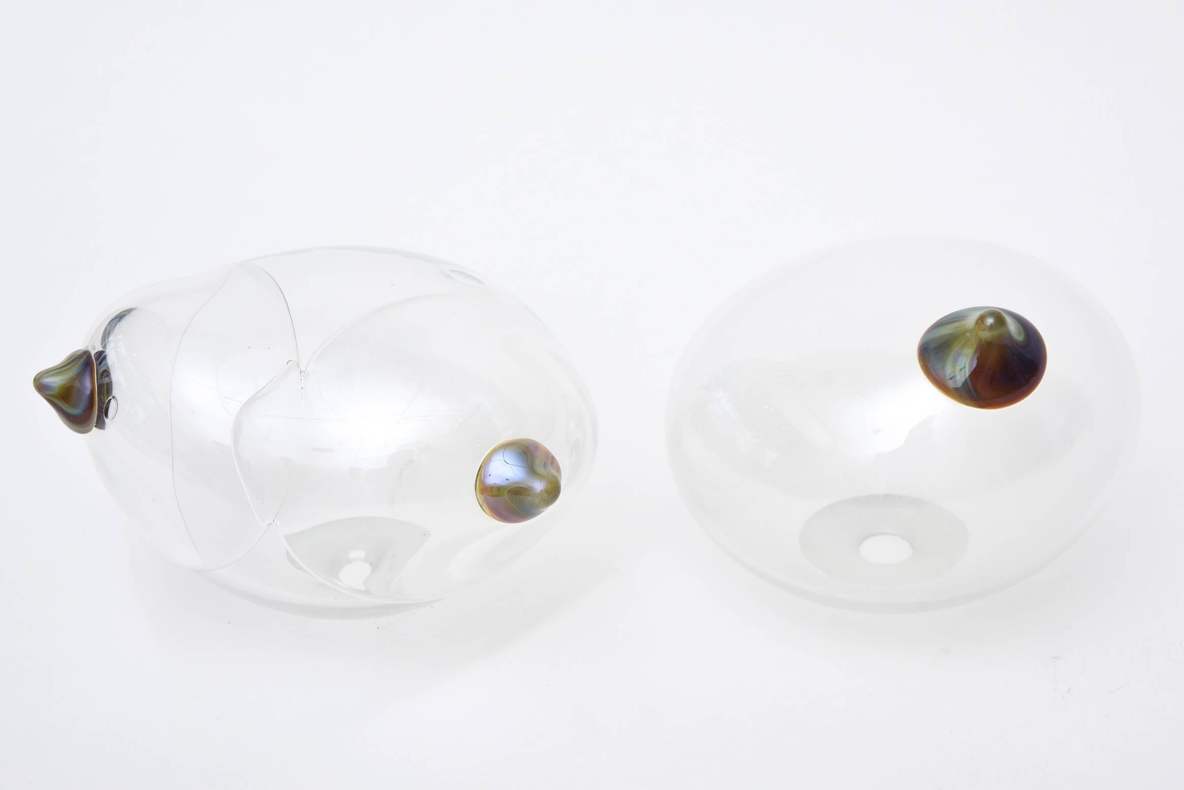 This interesting pair of hand blown glass sculptures are an ode to health from a Midwest Chicago glass blower from the 1990s. This artist sculptor obviously battled breast cancer and this is her message in glass form. She is fine now. These are one