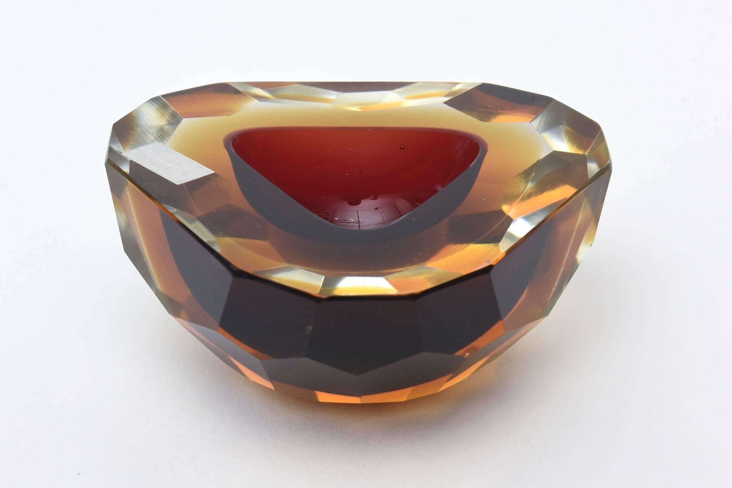 Late 20th Century Italian Murano Diamond Faceted Polished Top Geode Sommerso Glass Bowl 