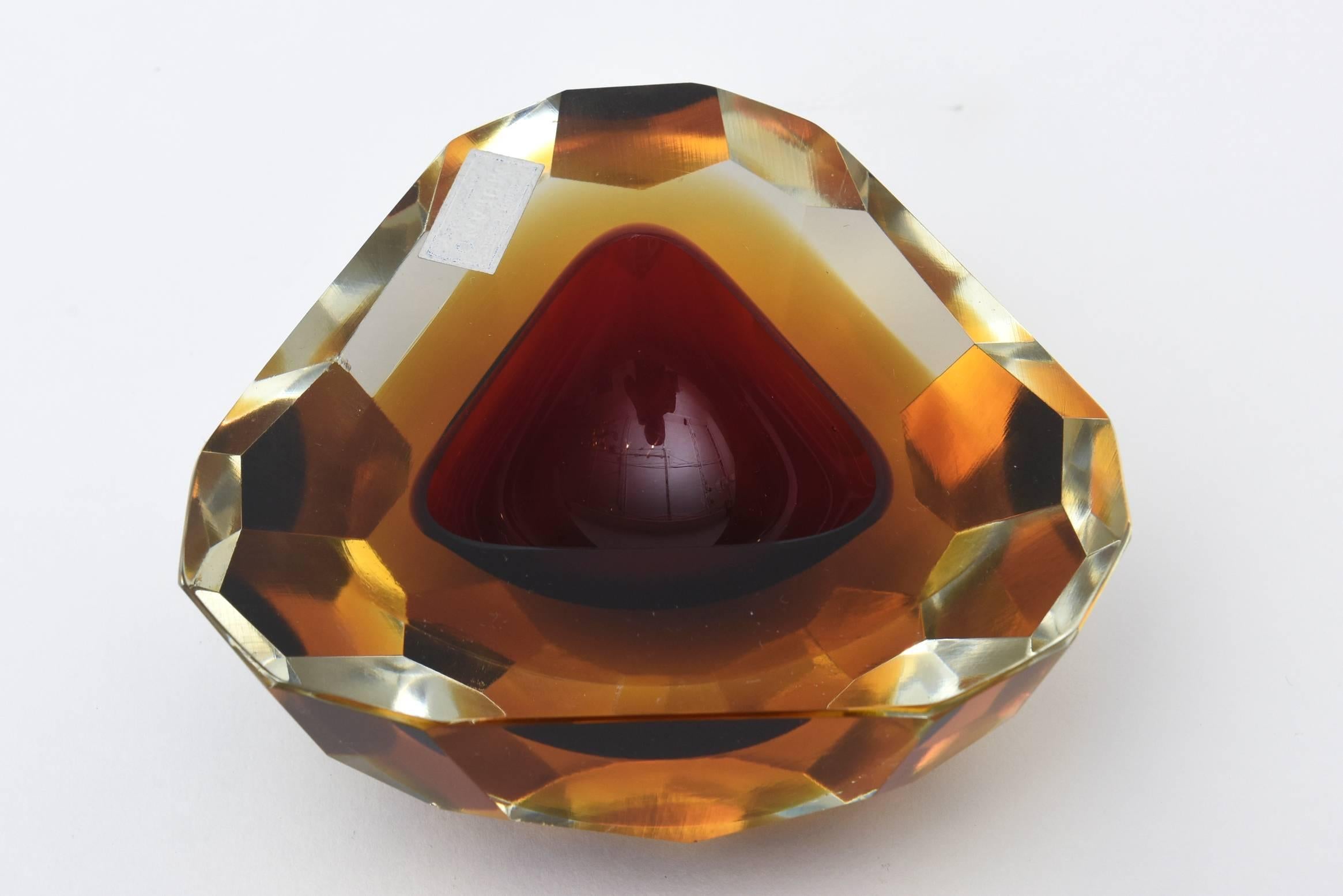 Modern Italian Murano Diamond Faceted Polished Top Geode Sommerso Glass Bowl 