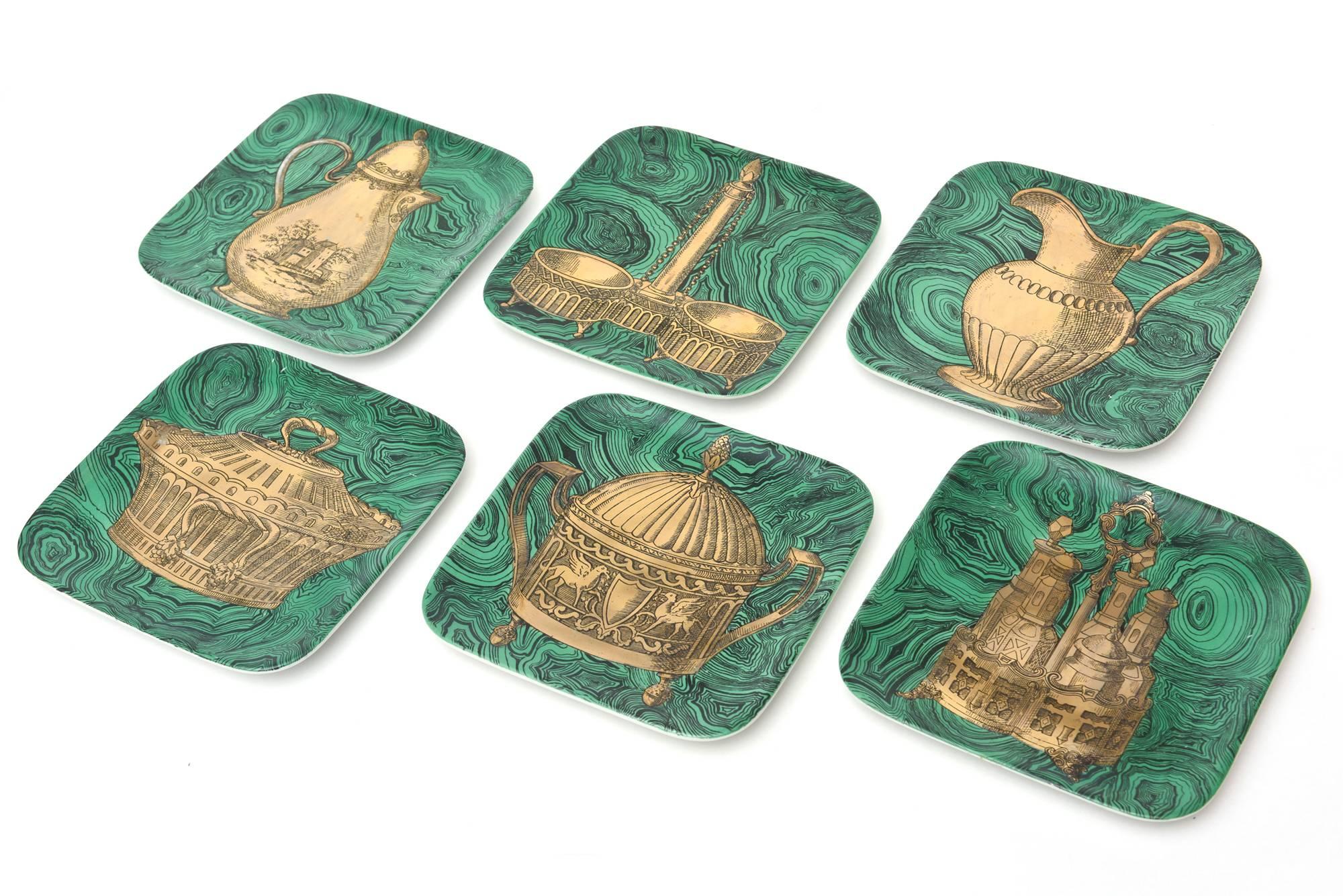 Set of six  fabulous Fornasetti malachite designed porcelain with gilded forms of tabletop serving pieces. Signed Stovigilie Fornasetti Milano made in Italy 1956. They are square plates or dishes.
These are hard to come by now.
