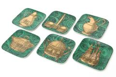 Six Italian Piero Fornasetti Malachite & Gilded Porcelain "Stoviglia" Plates