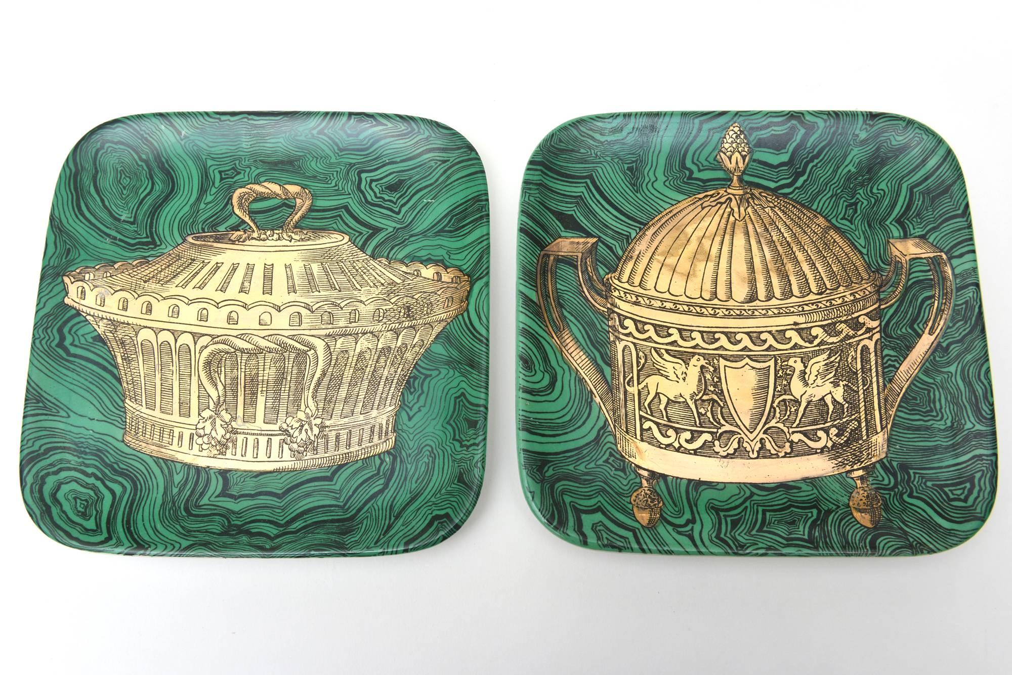 Mid-20th Century Six Italian Piero Fornasetti Malachite & Gilded Porcelain 