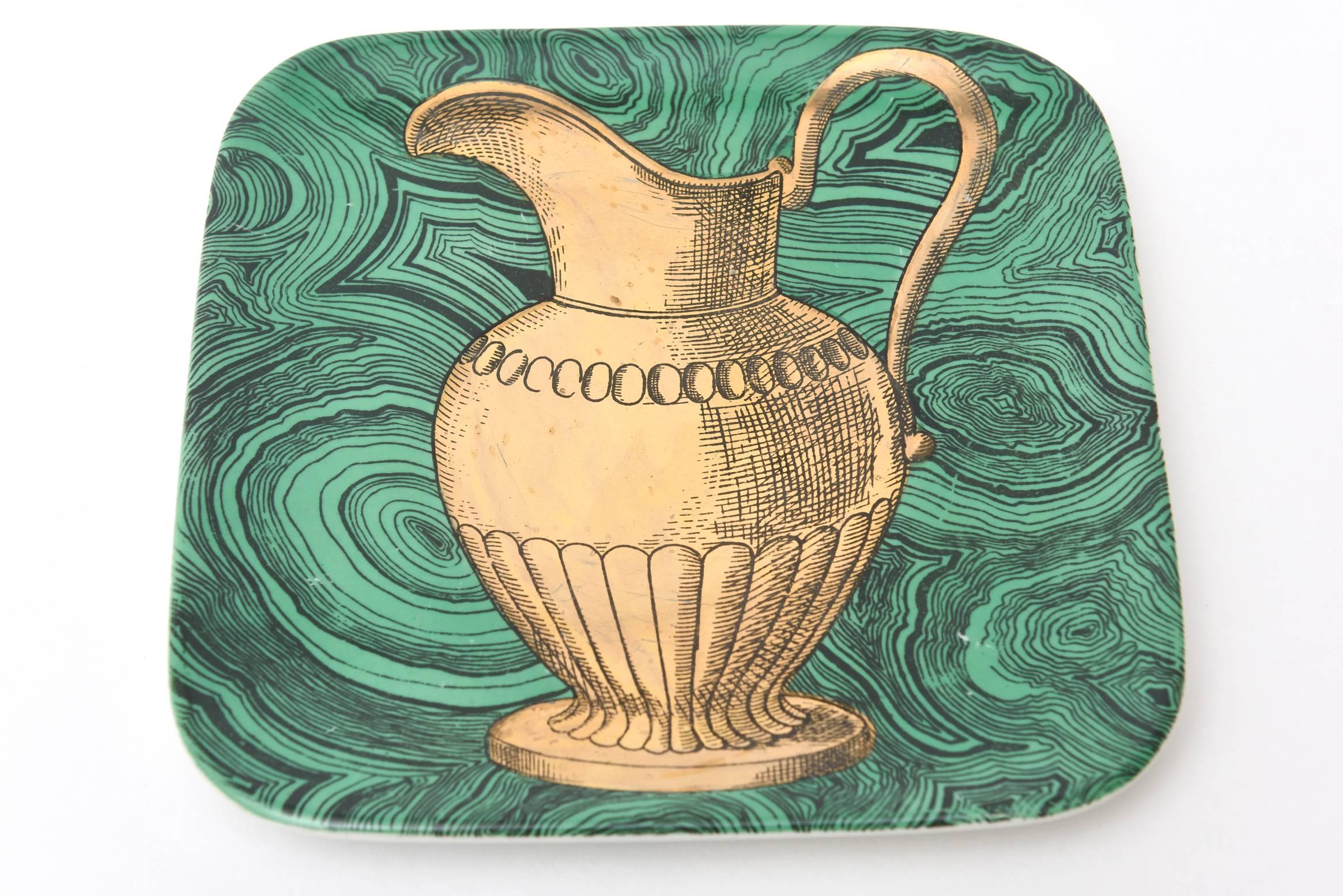Gold Six Italian Piero Fornasetti Malachite & Gilded Porcelain 