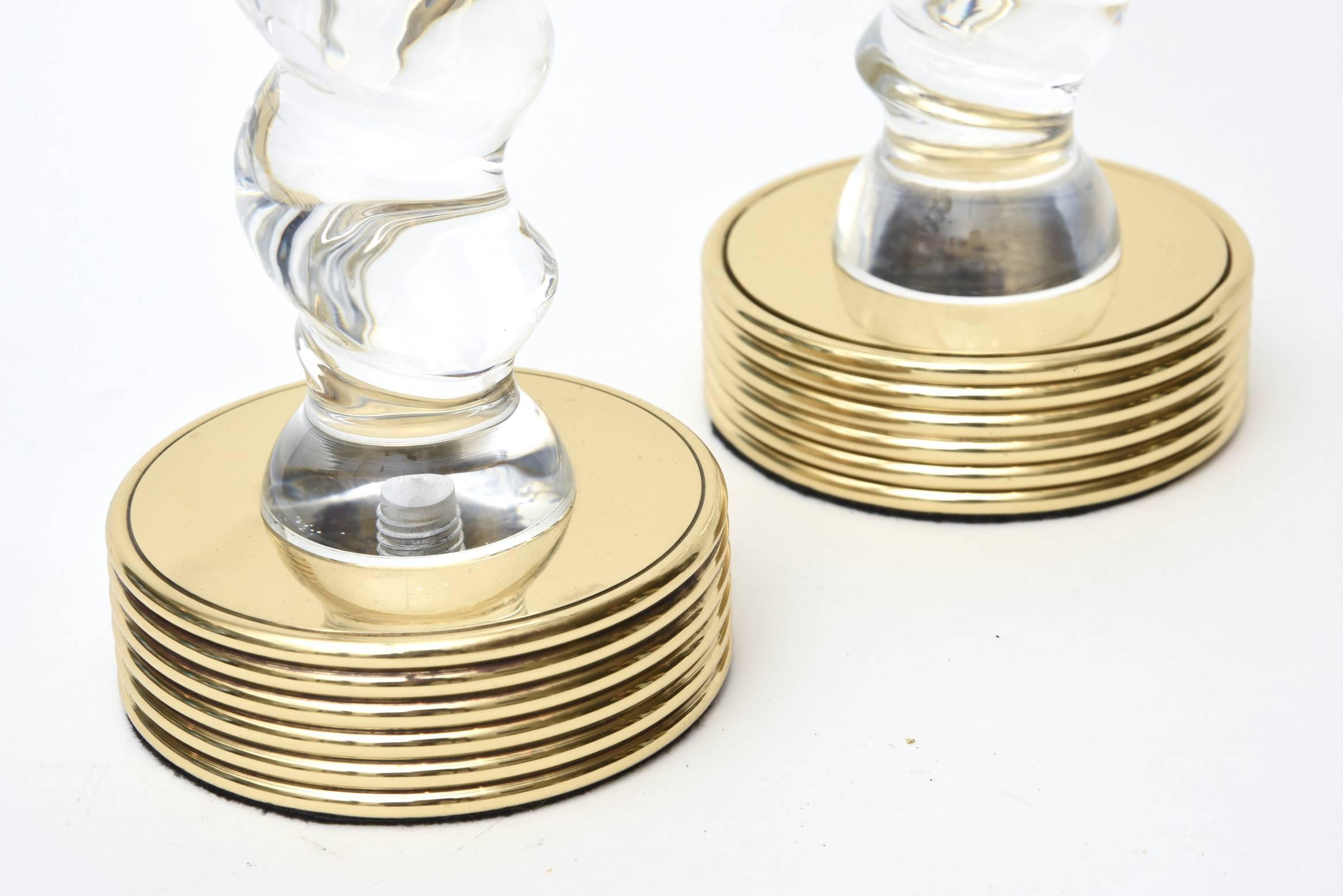 Late 20th Century Vintage Rare Brass and Twisted Tall Lucite Monumental Candlesticks Pair Of For Sale