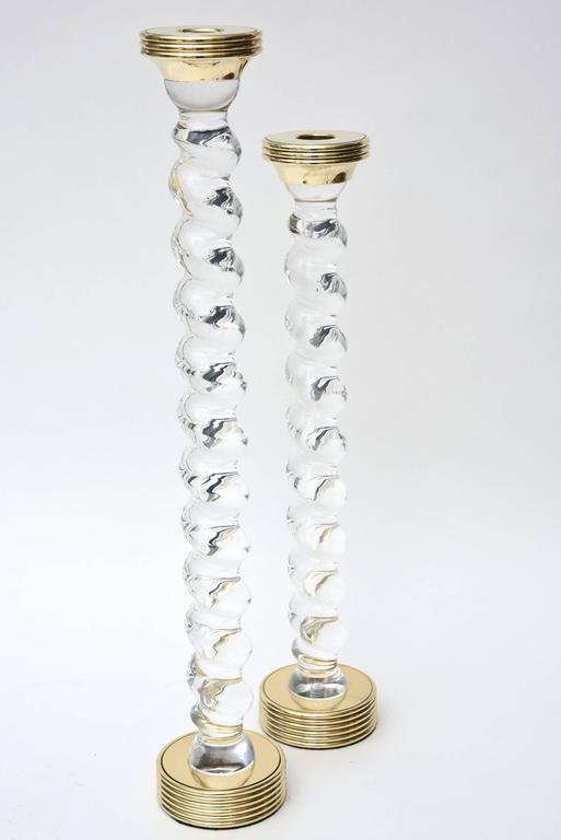 Pair of Tall Twisted Lucite and Brass Candlesticks For Sale at 1stdibs