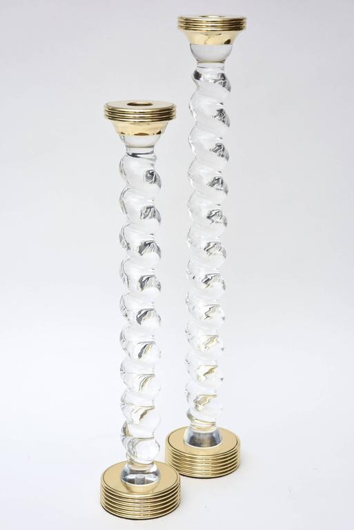 Pair of Tall Twisted Lucite and Brass Candlesticks For Sale at 1stdibs