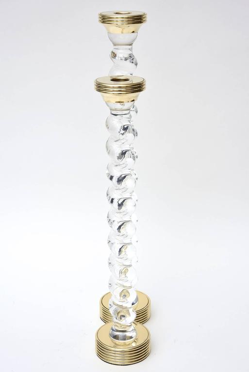 Pair of Tall Twisted Lucite and Brass Candlesticks For Sale at 1stdibs