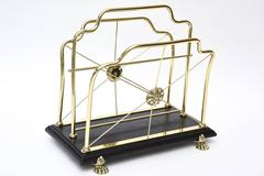 Mid-Century Solid Brass & Ebonized Wood Magazine Holder Or Stand / SAT.SALE