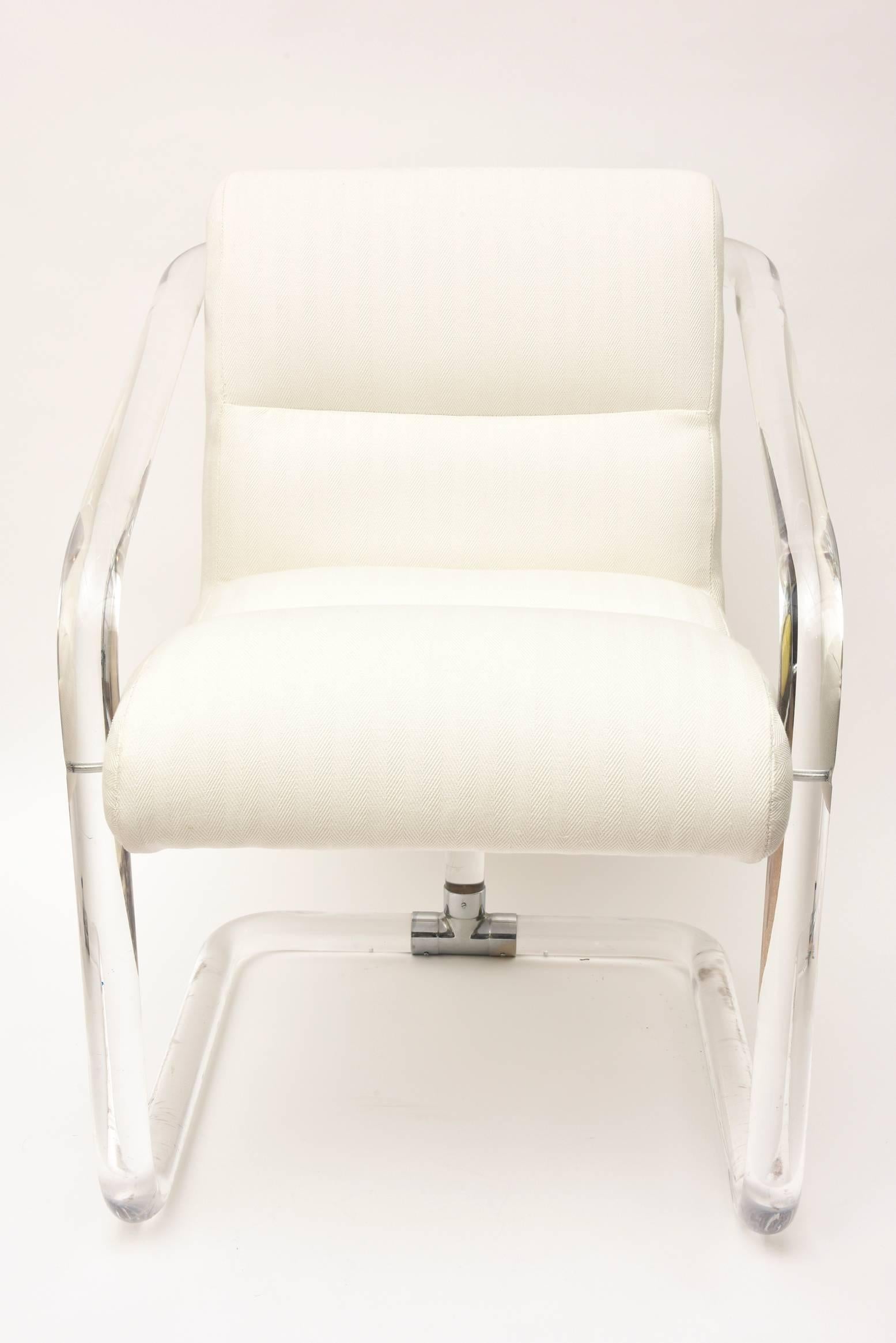 American Signed Lion in Frost Tubular Lucite & Chrome Upholstered Desk/ Vanity Chair