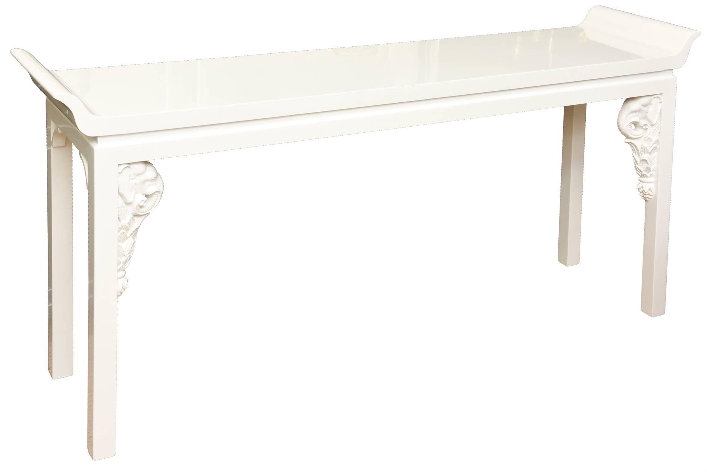Hollywood Regency Vintage White Lacquer Draper Style Console with Pair of Matching Benches