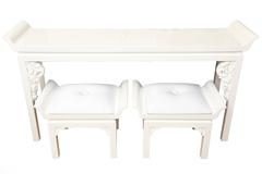 Vintage White Lacquer Draper Style Console with Pair of Matching Benches