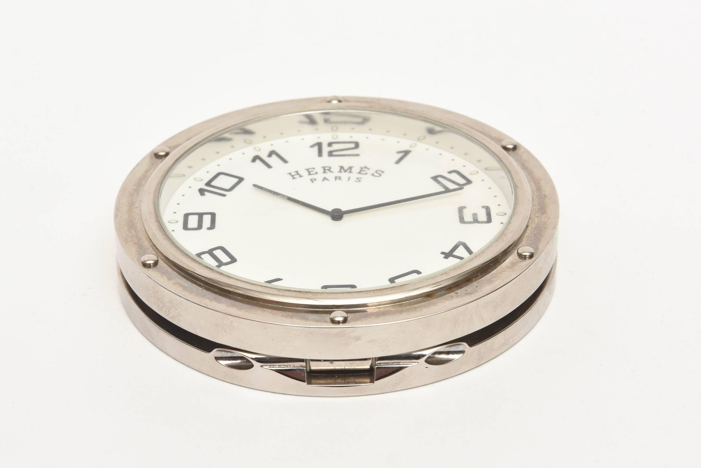 French Hermes Stainless Steel Pendulette Clipper Travel or Desk Clock/  HOLIDAY SALE