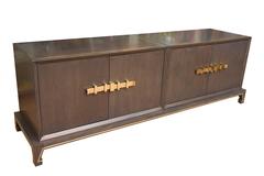 Vintage Tommi Parzinger Style Restored Wood and Brass Credenza Cabinet MCM