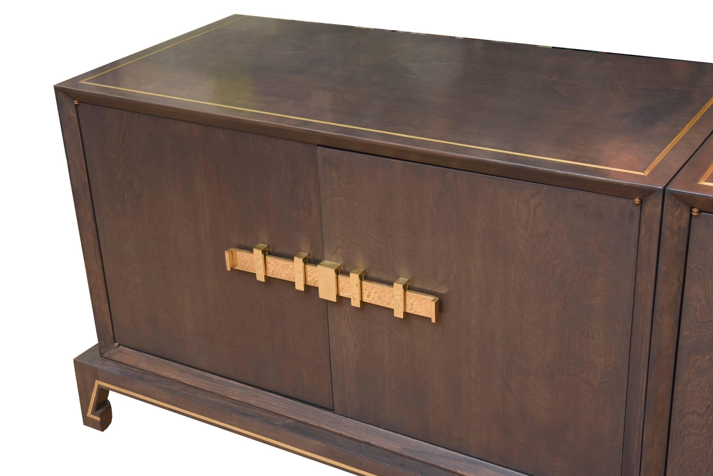 Tommi Parzinger Restored Mid-Century Modern Wood and Brass Credenza or Cabinet For Sale 2
