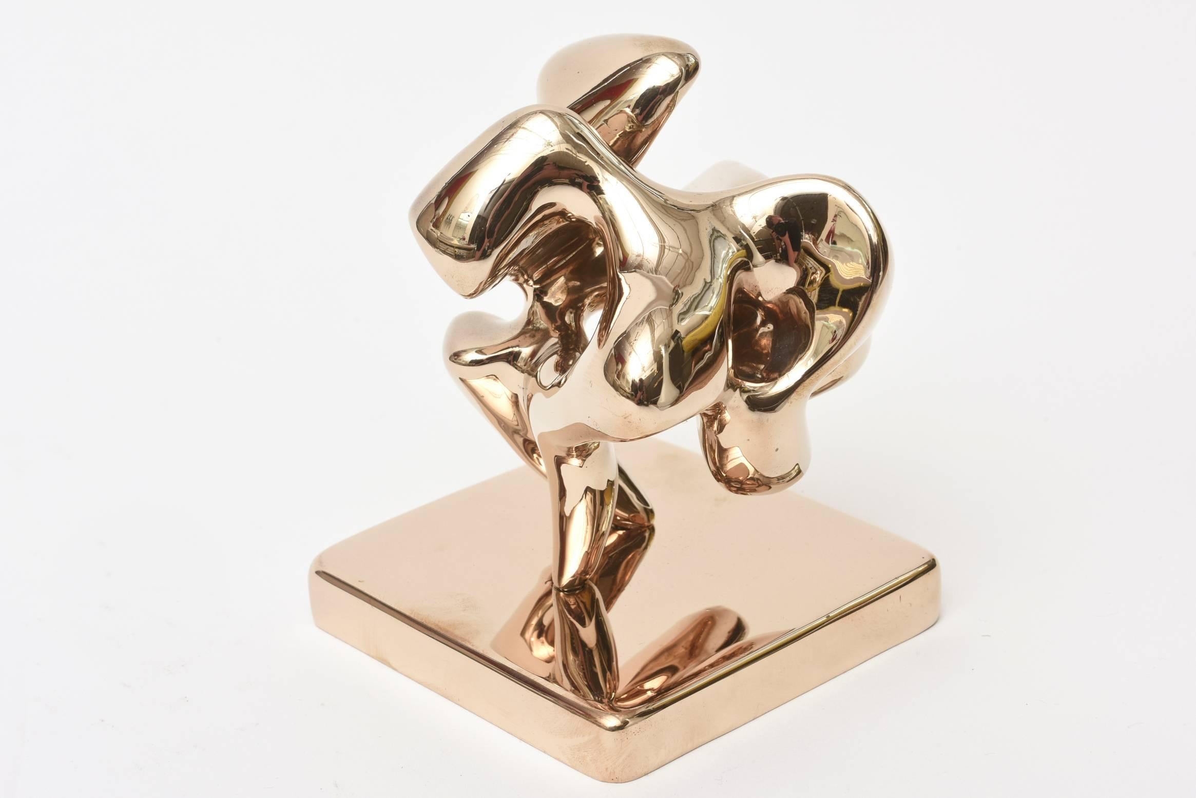 This limited edition signed Bronze abstract wonderful sculpture is 111/V11.
Meaning 3/7. It is by a NY master sculptor who studied at UCLA and whose name is Eli Karpel His life period was 1916-1998. He was also a painter.
It has a sensuality to it