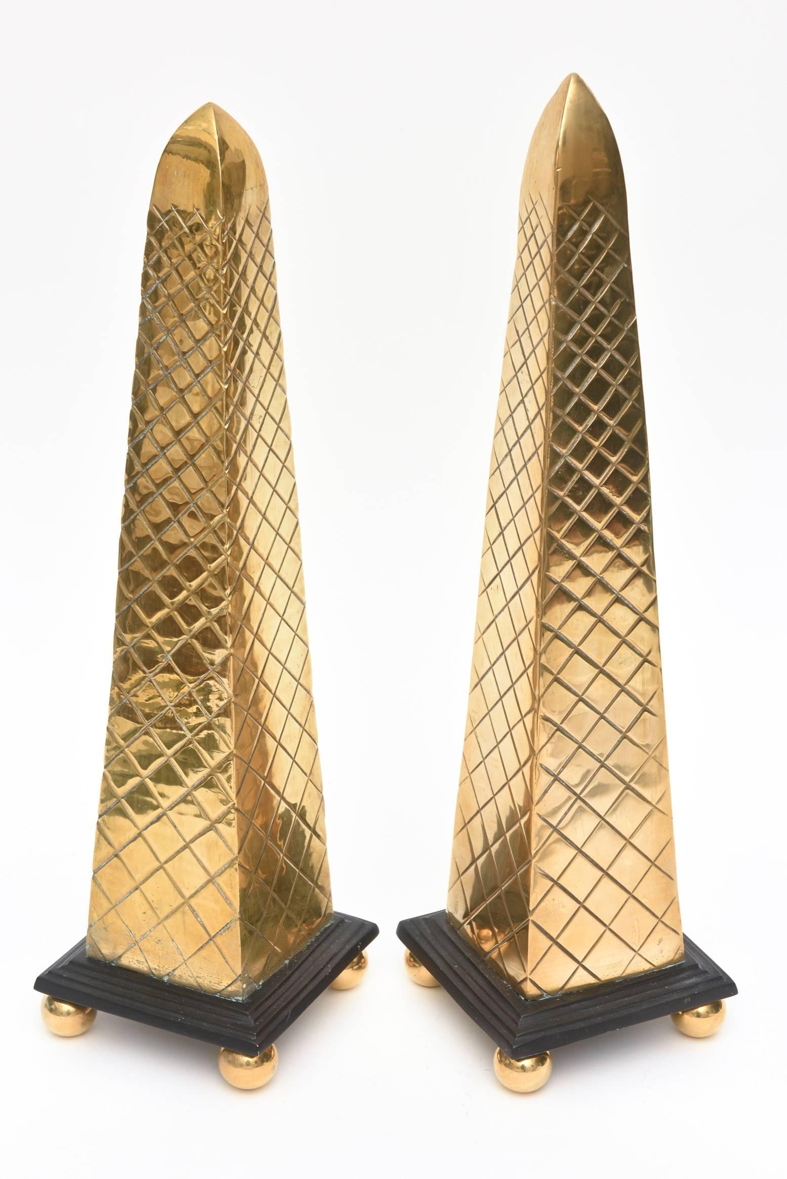 Late 20th Century Pair of Wood and Brass Diamond Obelisks Vintage