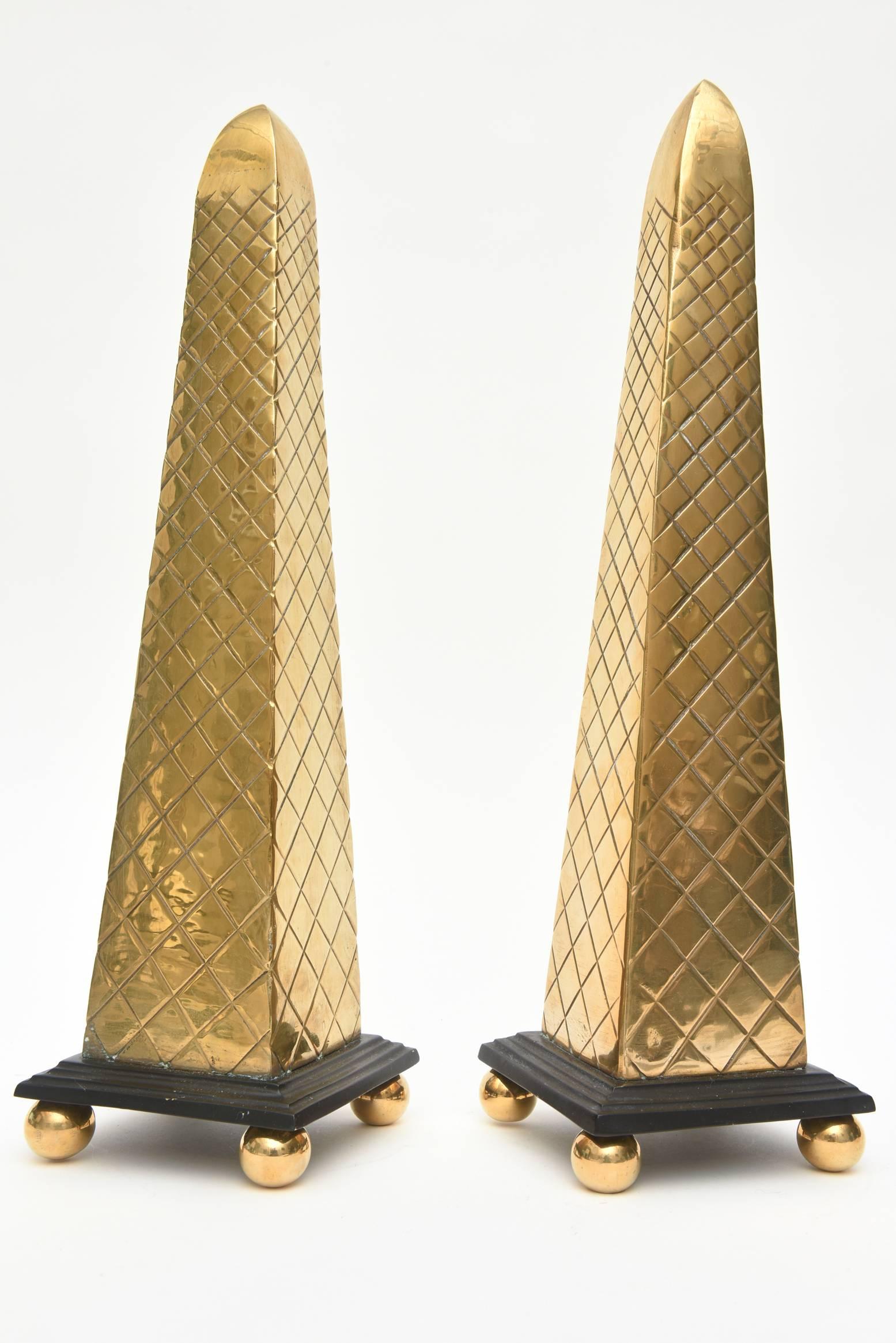 Mid-Century Modern Pair of Wood and Brass Diamond Obelisks Vintage
