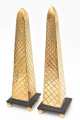 Pair of Wood and Brass Diamond Obelisks Vintage