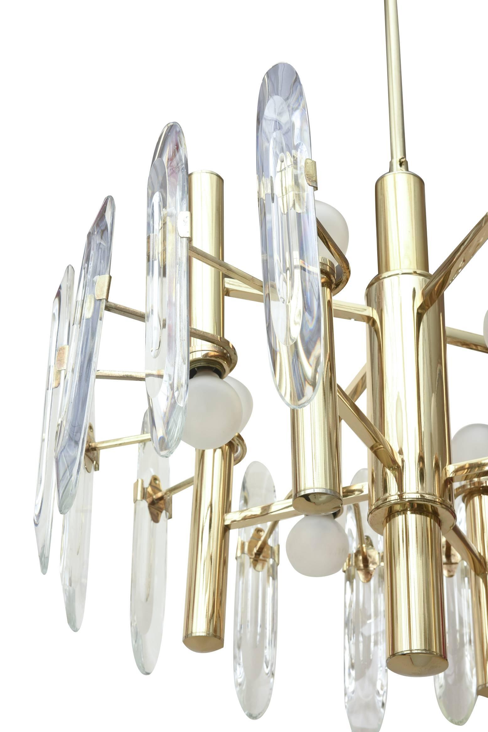 Modern Gaetano Sciolari Vintage Brass and Crystal Prism Chandelier Italian For Sale