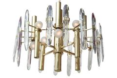 Vintage Gaetano Sciolari Eight Light Brass and Crystal Prism Chandelier Italian