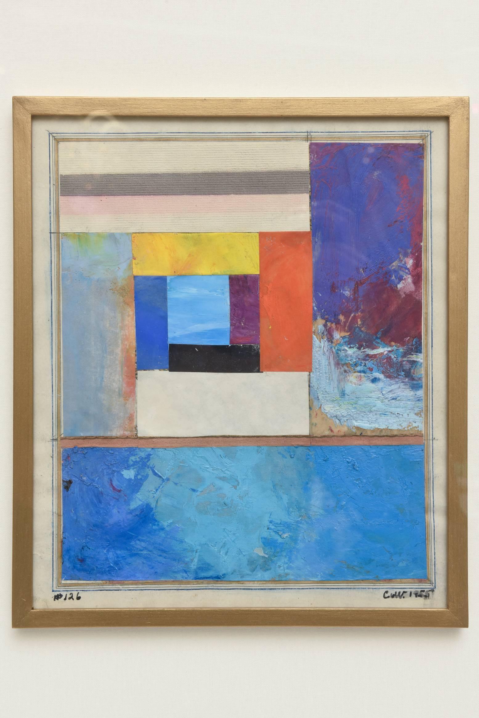 This amazing work of art frame that is a mixed media geometric abstract collage is by Charmion Von Weigand. It is signed with the artists initials CvWand and dated 1955.
This is a mid century work of art. It is a stunning piece of vibrancy. She was