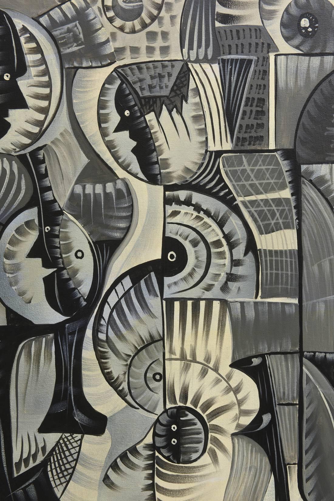 This wonderful painting of complex abstractions of figures, faces, by Cuban painter Daniel Morales has tones of radiants of greys, to black to charcoal to off-white.
Just recently custom framed. Has influences of the Chicago imagists of artists from